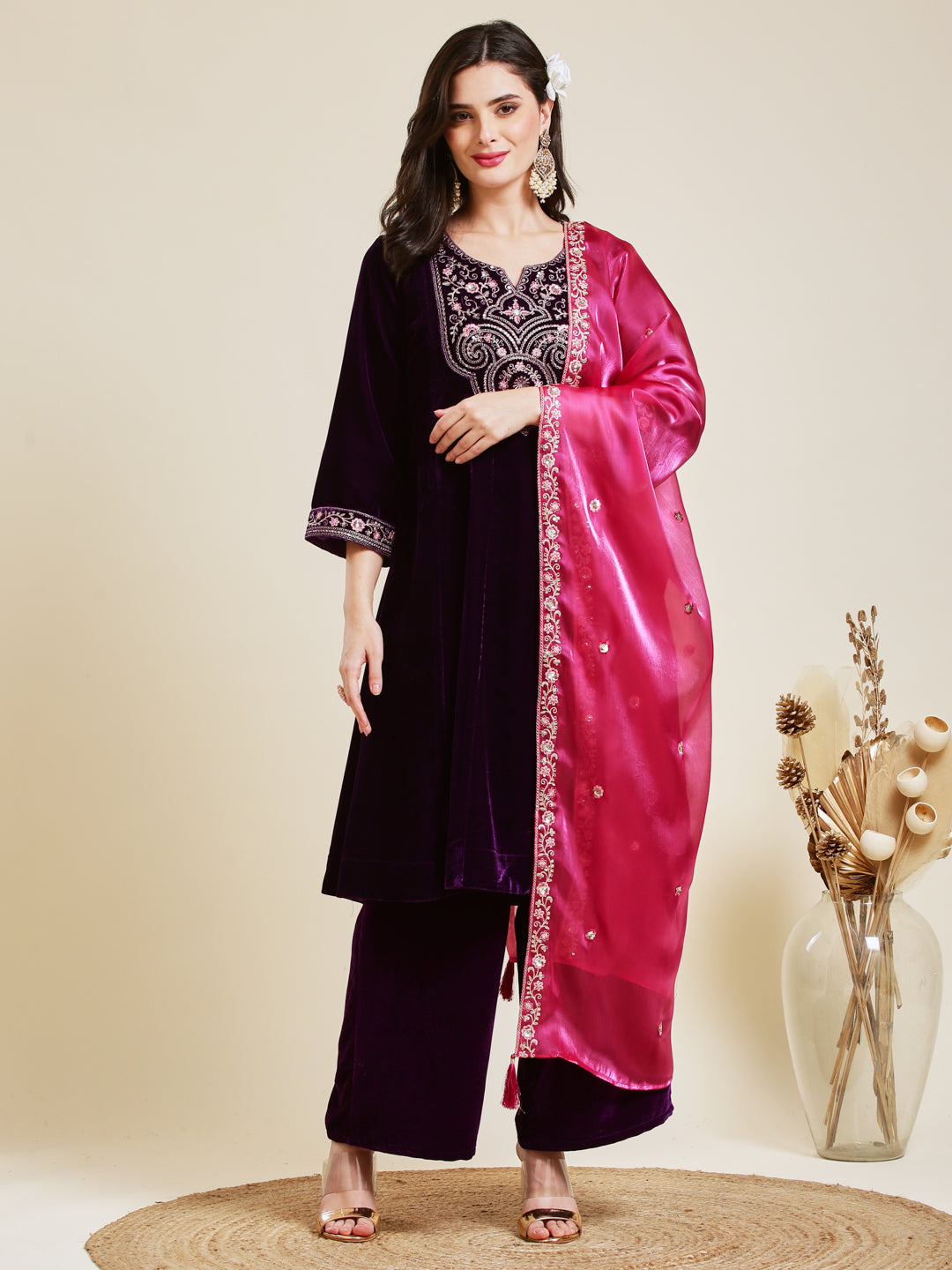 Violet Solid Velvet Anarkali Suit With Dupatta