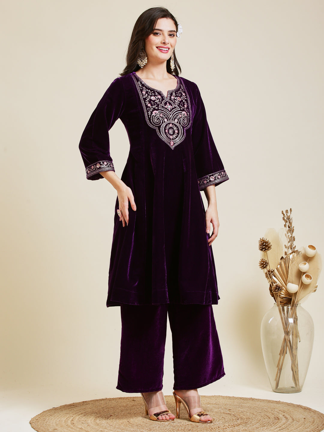 Violet Solid Velvet Anarkali Suit With Dupatta