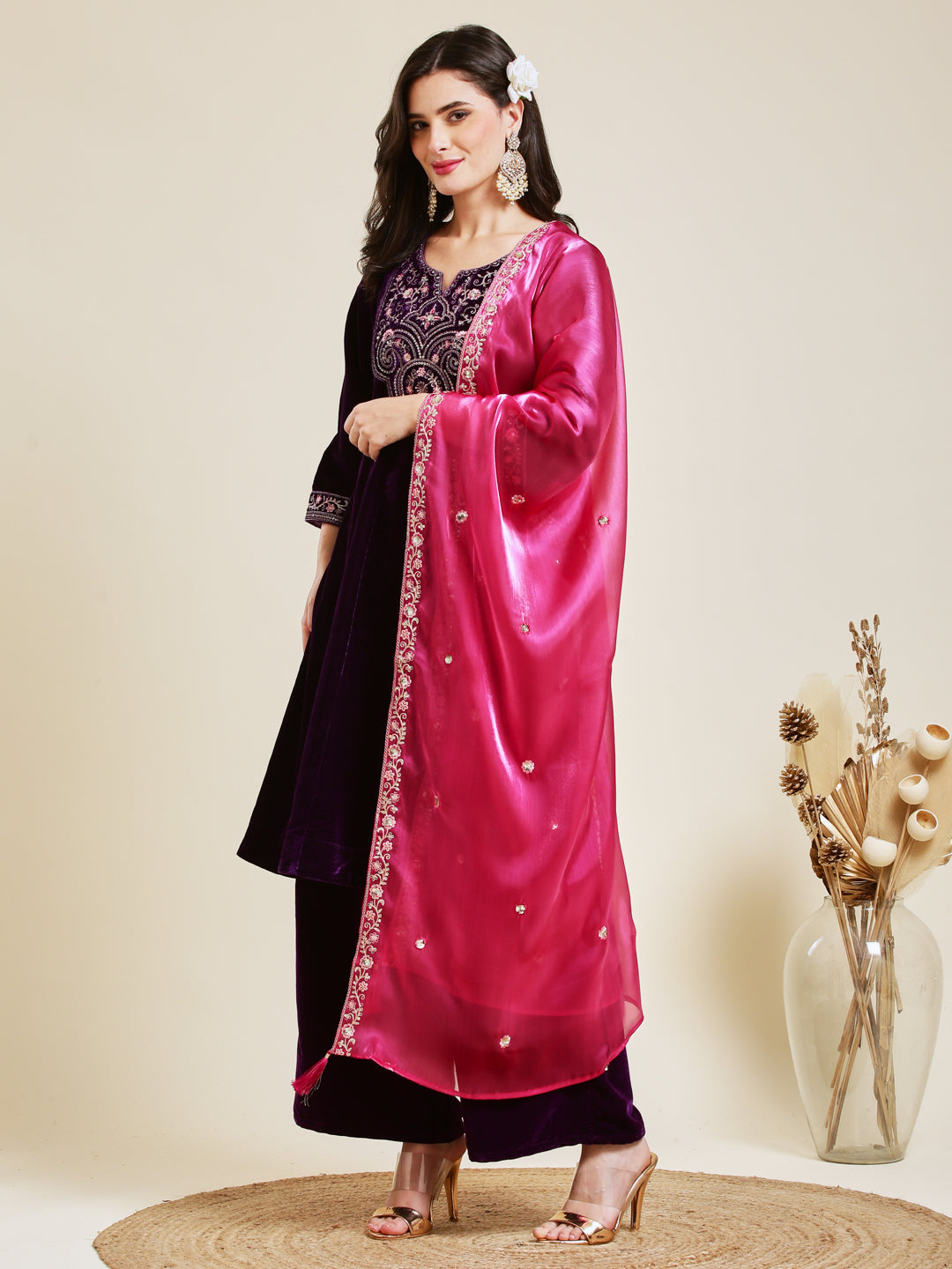 Violet Solid Velvet Anarkali Suit With Dupatta