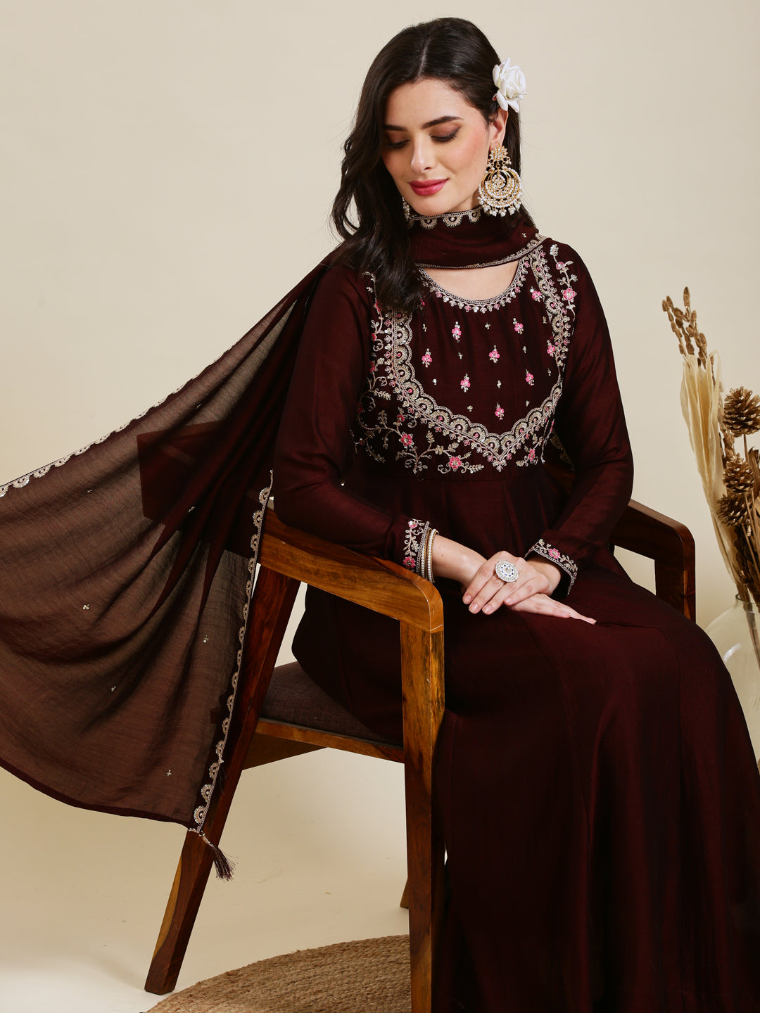 Coffee Embroidered Silk Anarkali Kurta With Dupatta Set