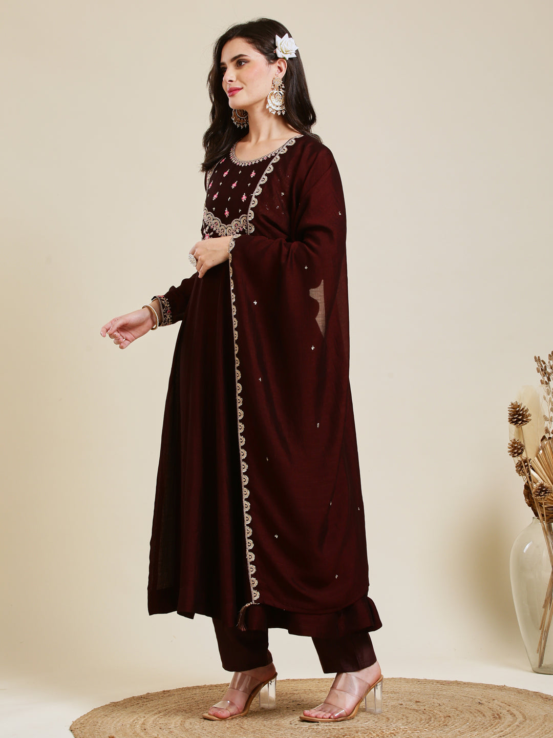 Coffee Embroidered Silk Anarkali Kurta With Dupatta Set