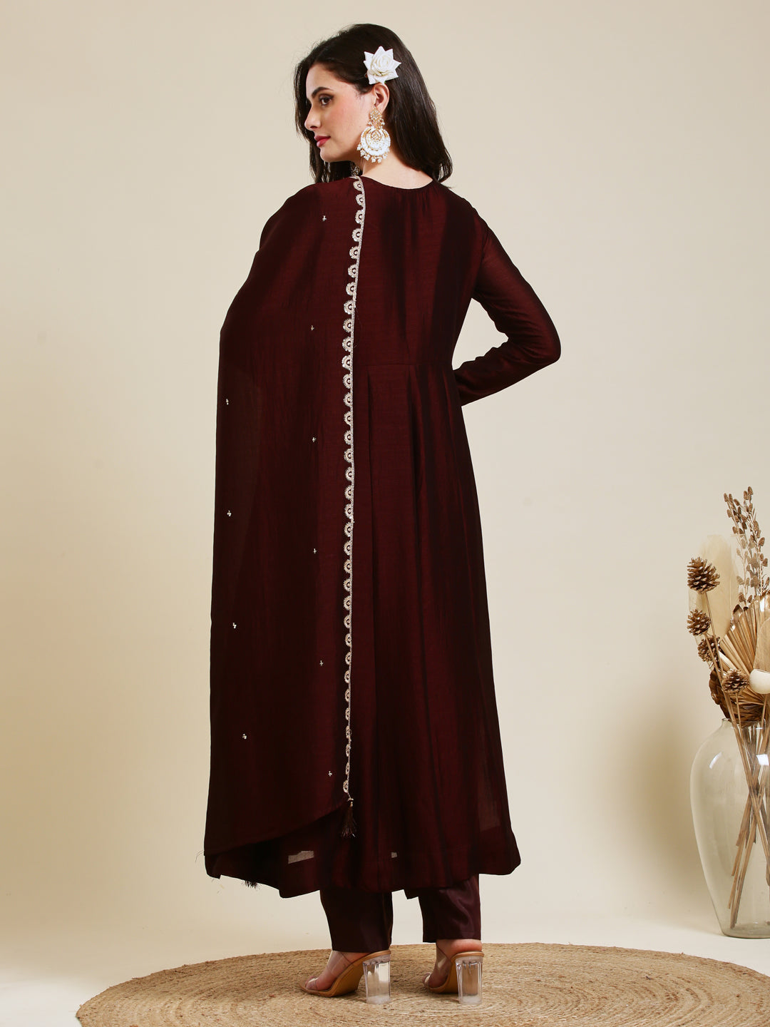 Coffee Embroidered Silk Anarkali Kurta With Dupatta Set