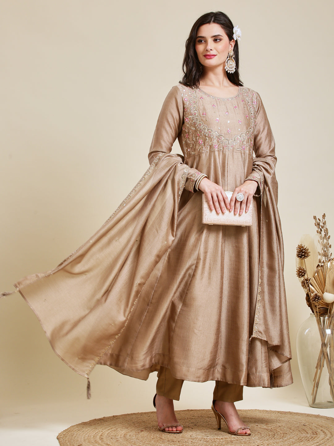 Grey Embroidered Silk Anarkali Kurta With Dupatta Set