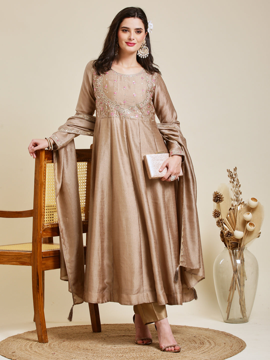 Grey Embroidered Silk Anarkali Kurta With Dupatta Set