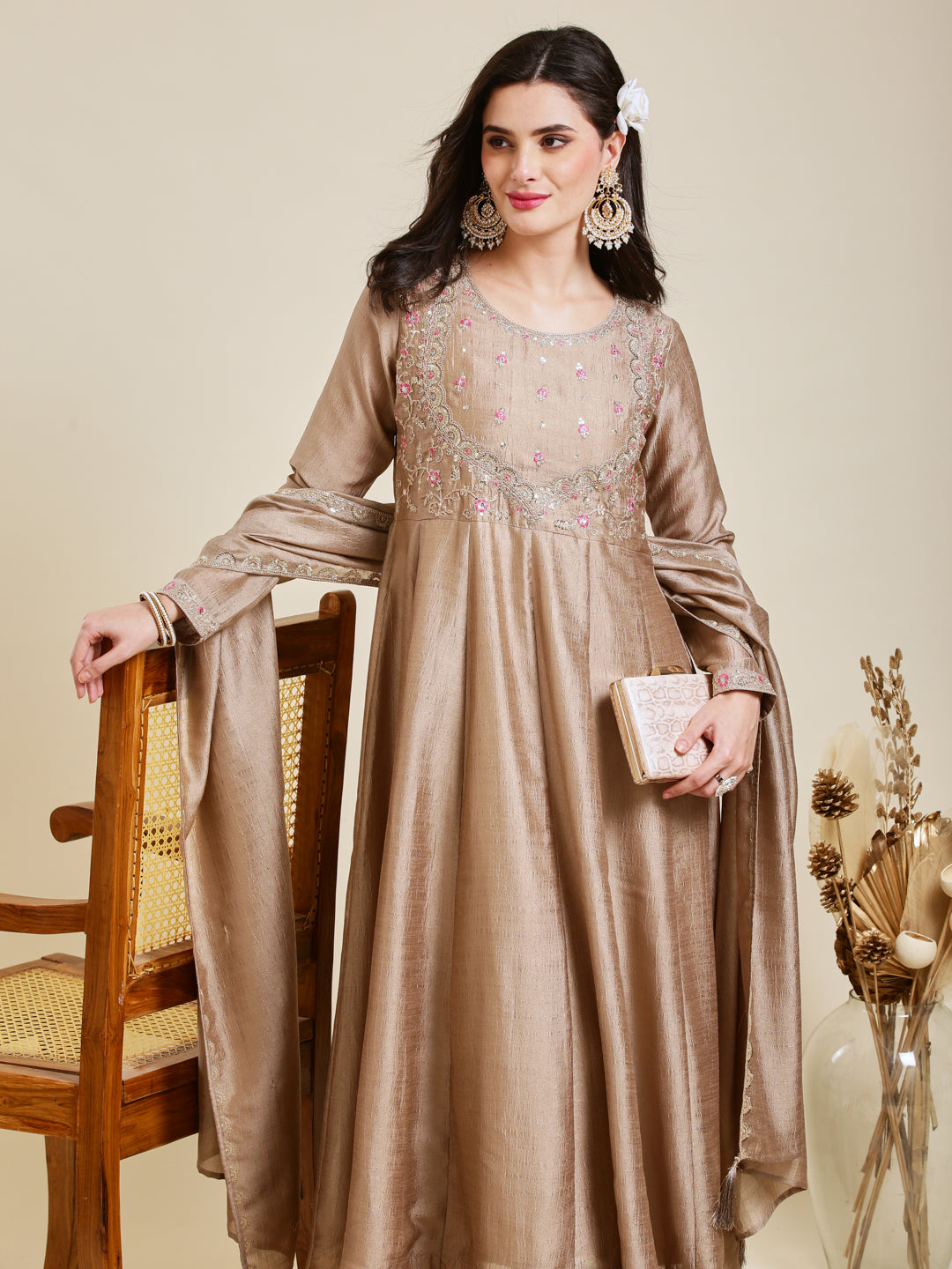 Grey Embroidered Silk Anarkali Kurta With Dupatta Set