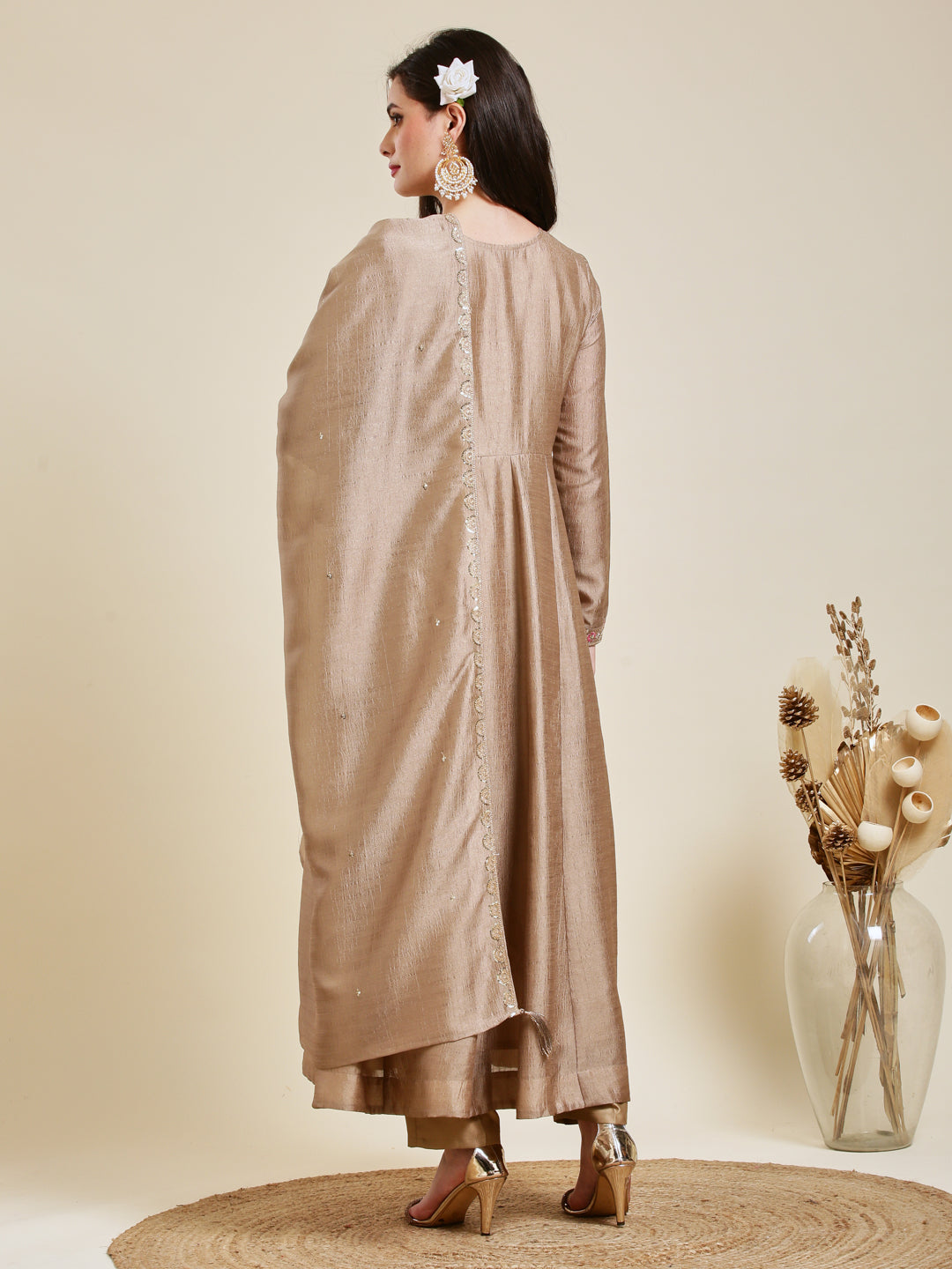 Grey Embroidered Silk Anarkali Kurta With Dupatta Set