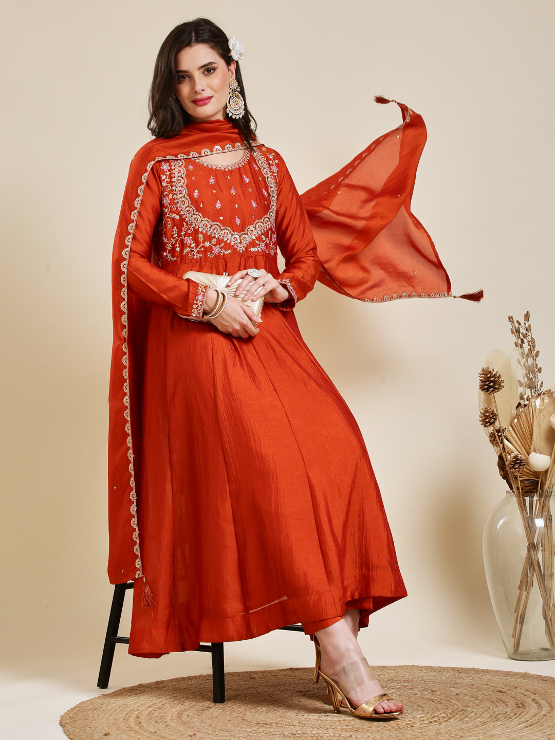 Orange Embroidered Silk Anarkali Kurta With Dupatta Set