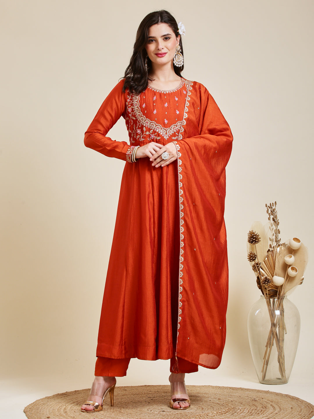Orange Embroidered Silk Anarkali Kurta With Dupatta Set