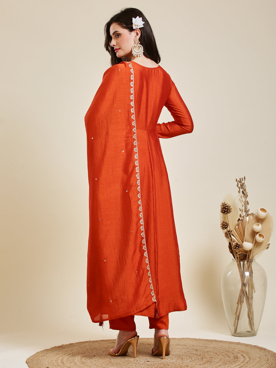 Orange Embroidered Silk Anarkali Kurta With Dupatta Set