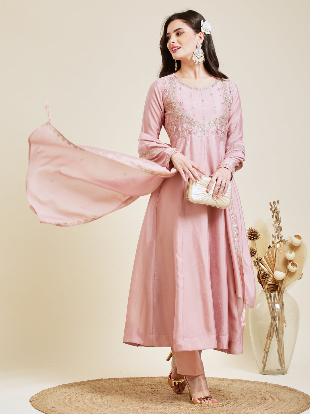 Rose Pink Embroidered Silk Anarkali Kurta With Dupatta Set | full image