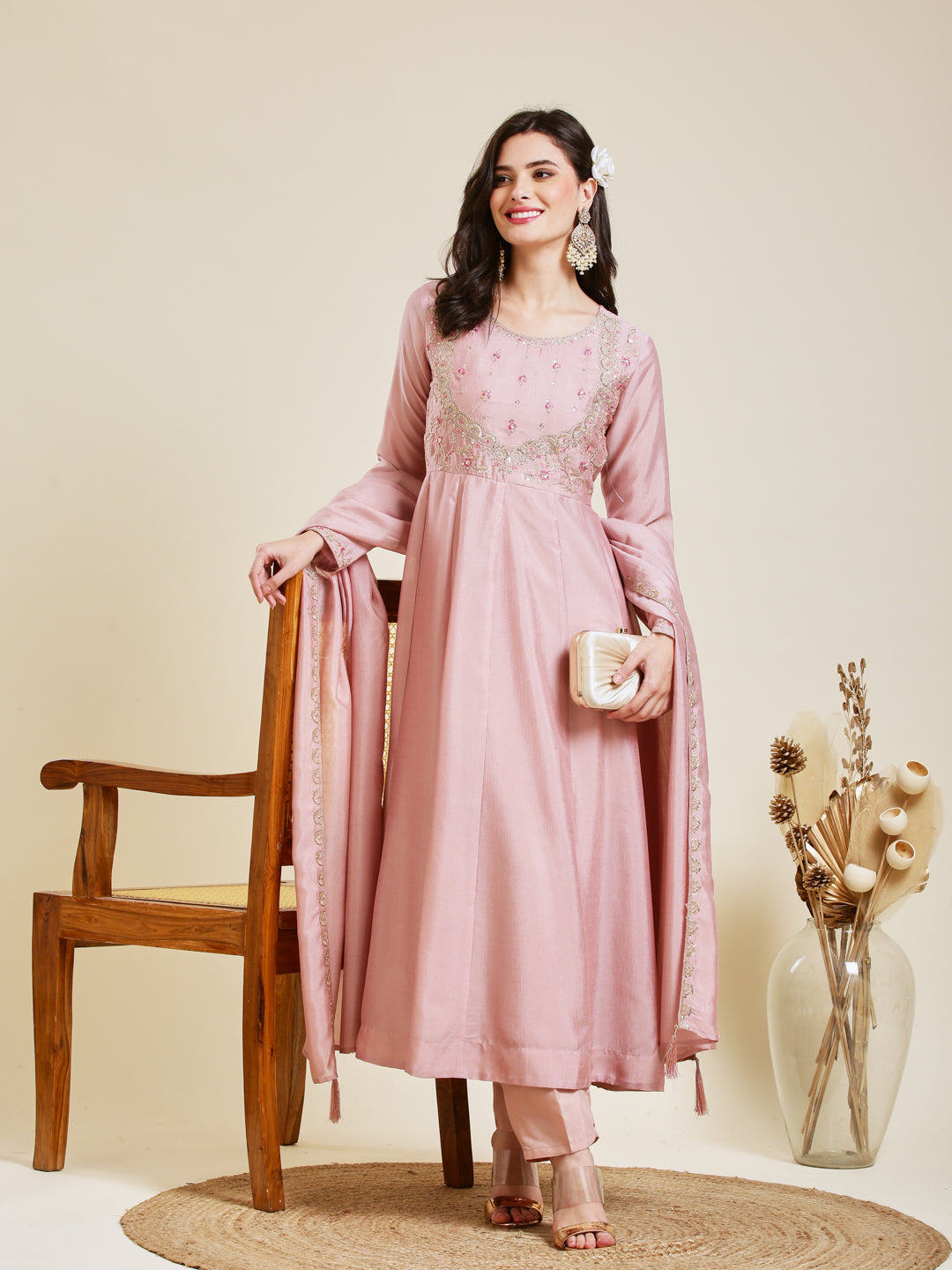 Rose Pink Embroidered Silk Anarkali Kurta With Dupatta Set