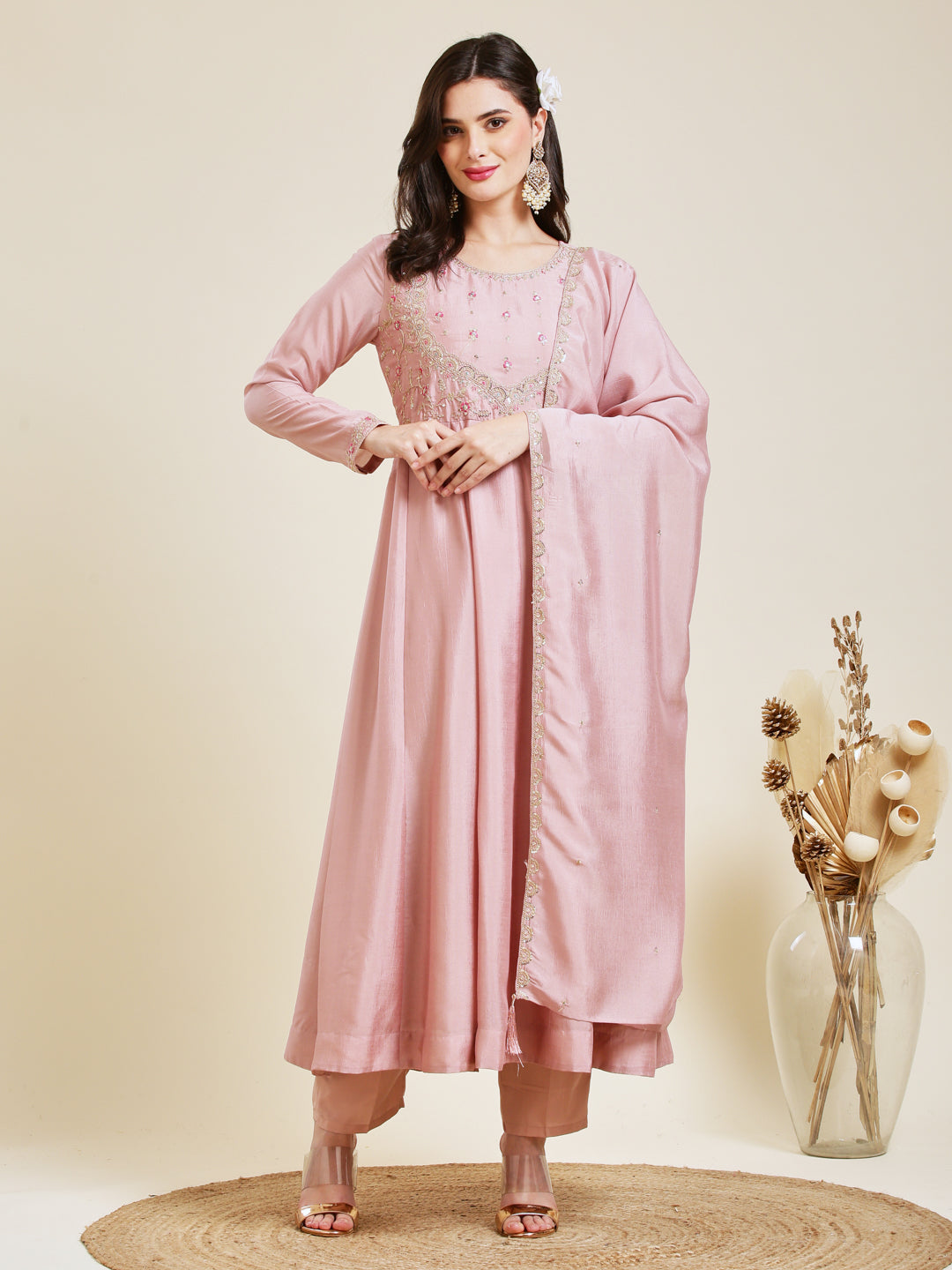 Rose Pink Embroidered Silk Anarkali Kurta With Dupatta Set