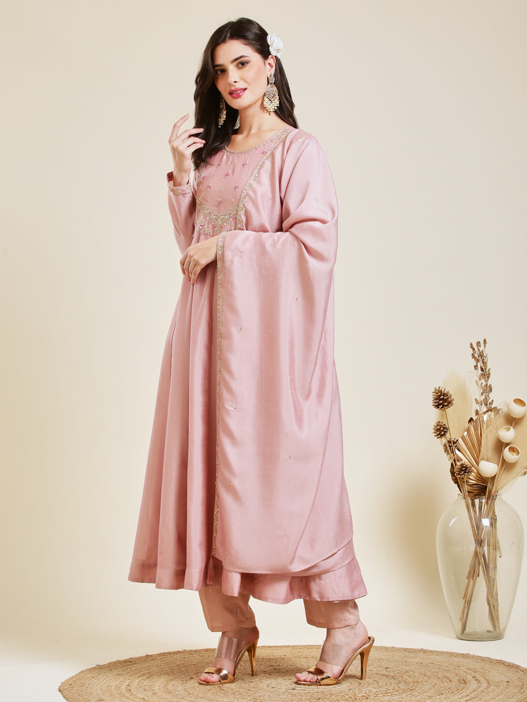 Rose Pink Embroidered Silk Anarkali Kurta With Dupatta Set