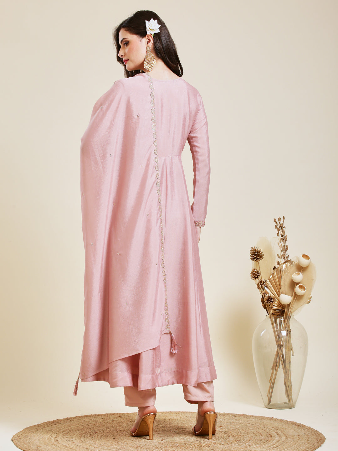 Rose Pink Embroidered Silk Anarkali Kurta With Dupatta Set