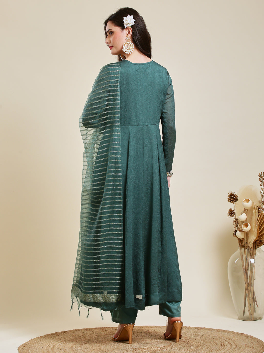 Bottle Green Silk Embroidered Anarkali kurta with dupatta set | backside image