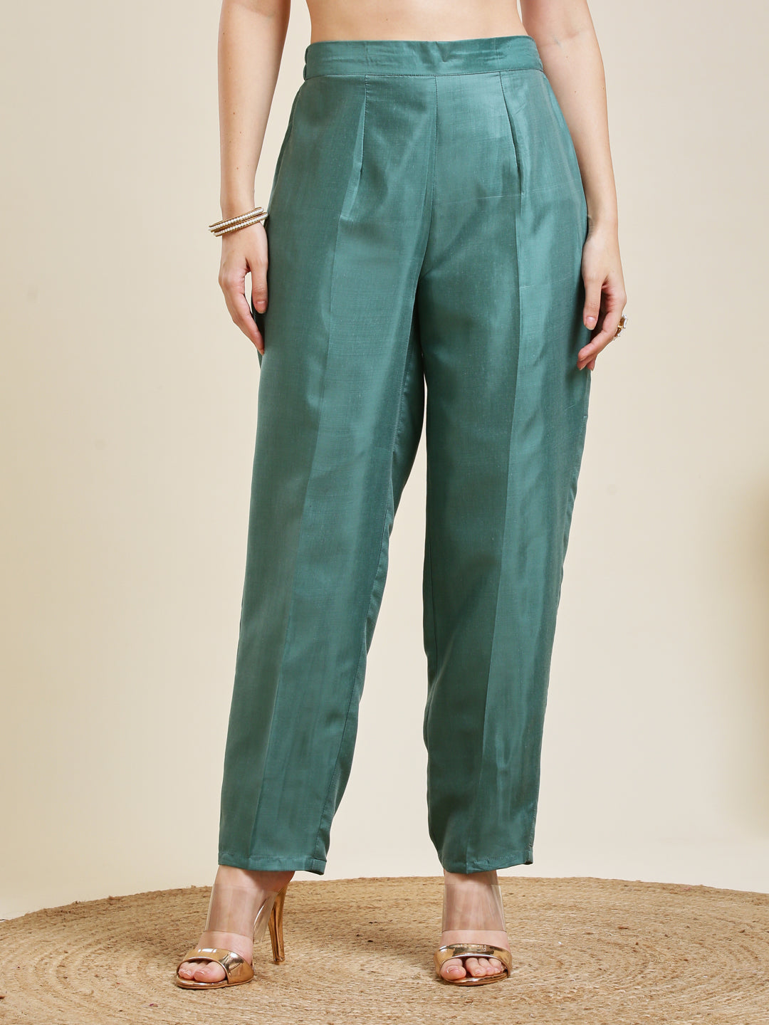 Bottle Green Silk Embroidered Anarkali kurta with dupatta set | pent image