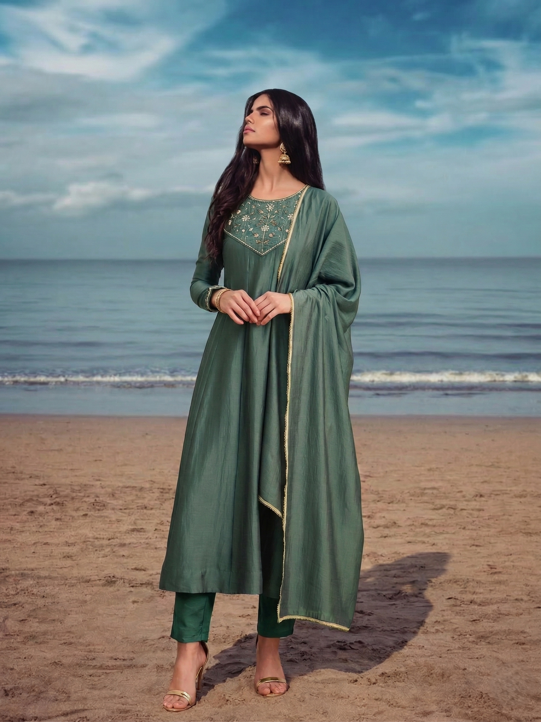 Olive Green Silk Embroidered Anarkali kurta with dupatta set