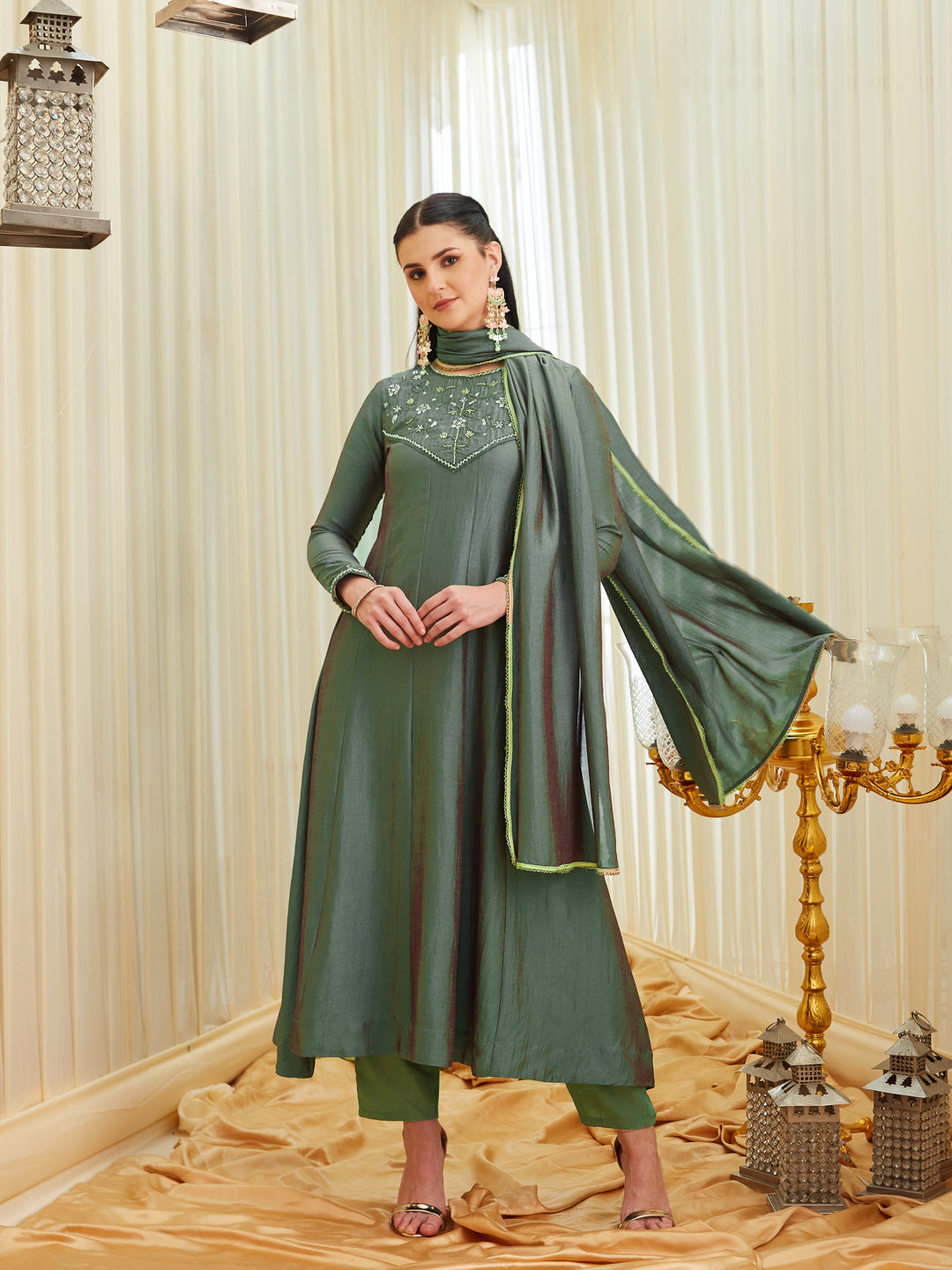 Olive Green Silk Embroidered Anarkali kurta with dupatta set