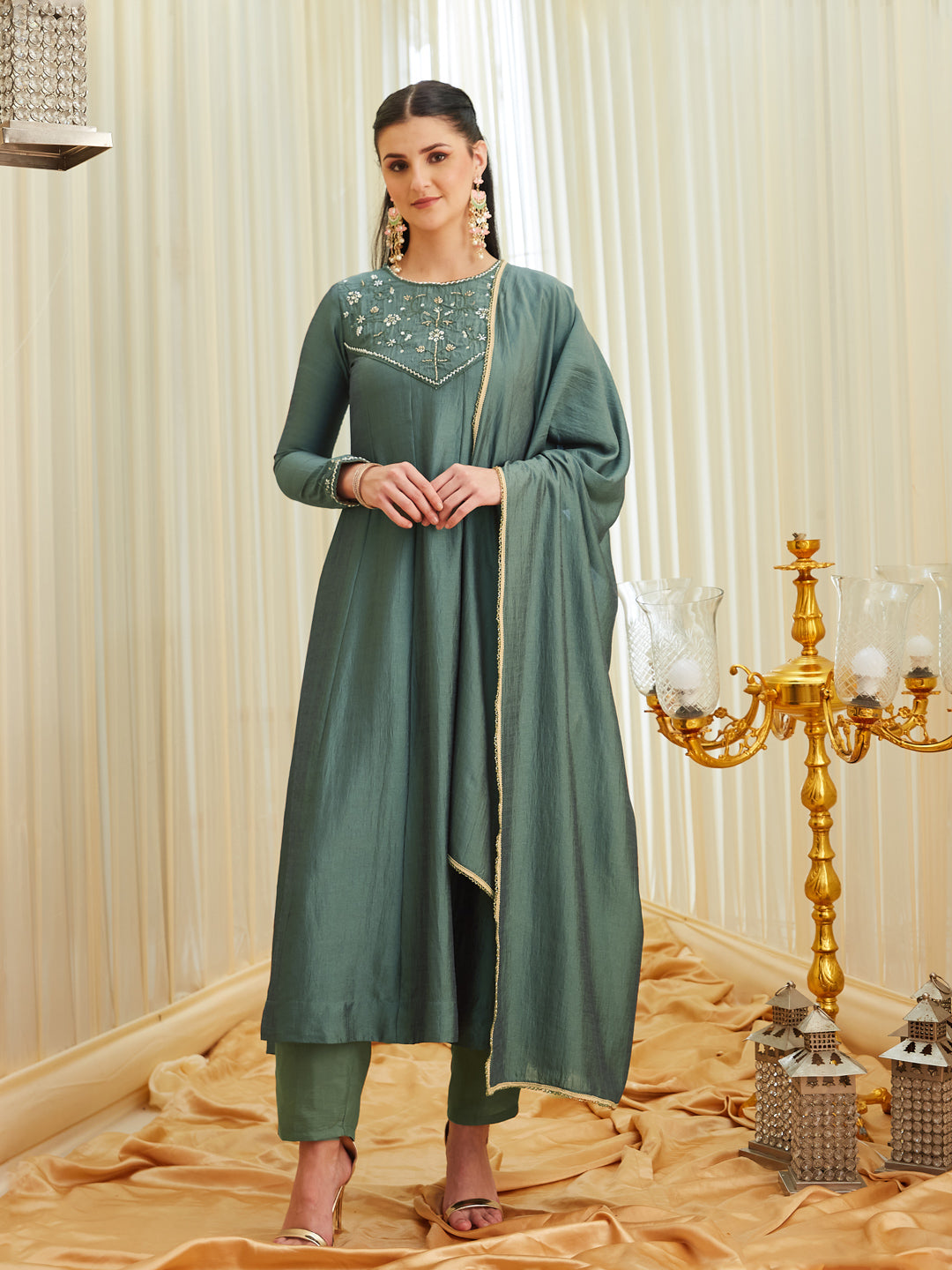 Olive Green Silk Embroidered Anarkali kurta with dupatta set