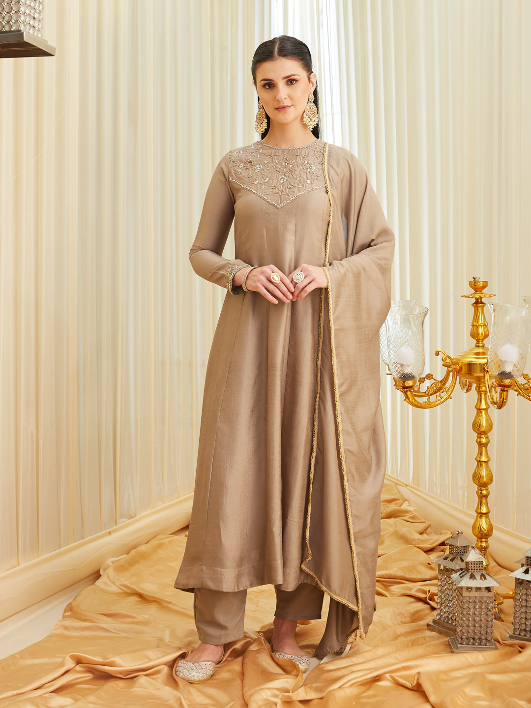 Grey Silk Embroidered Anarkali kurta with dupatta set