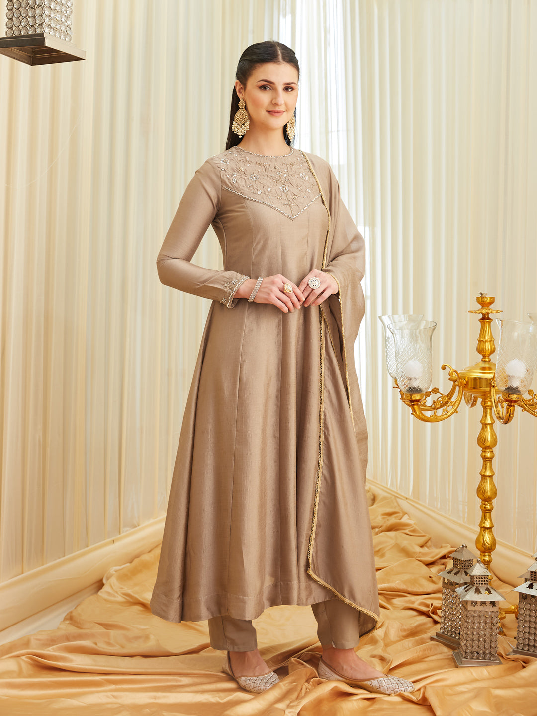 Grey Silk Embroidered Anarkali kurta with dupatta set