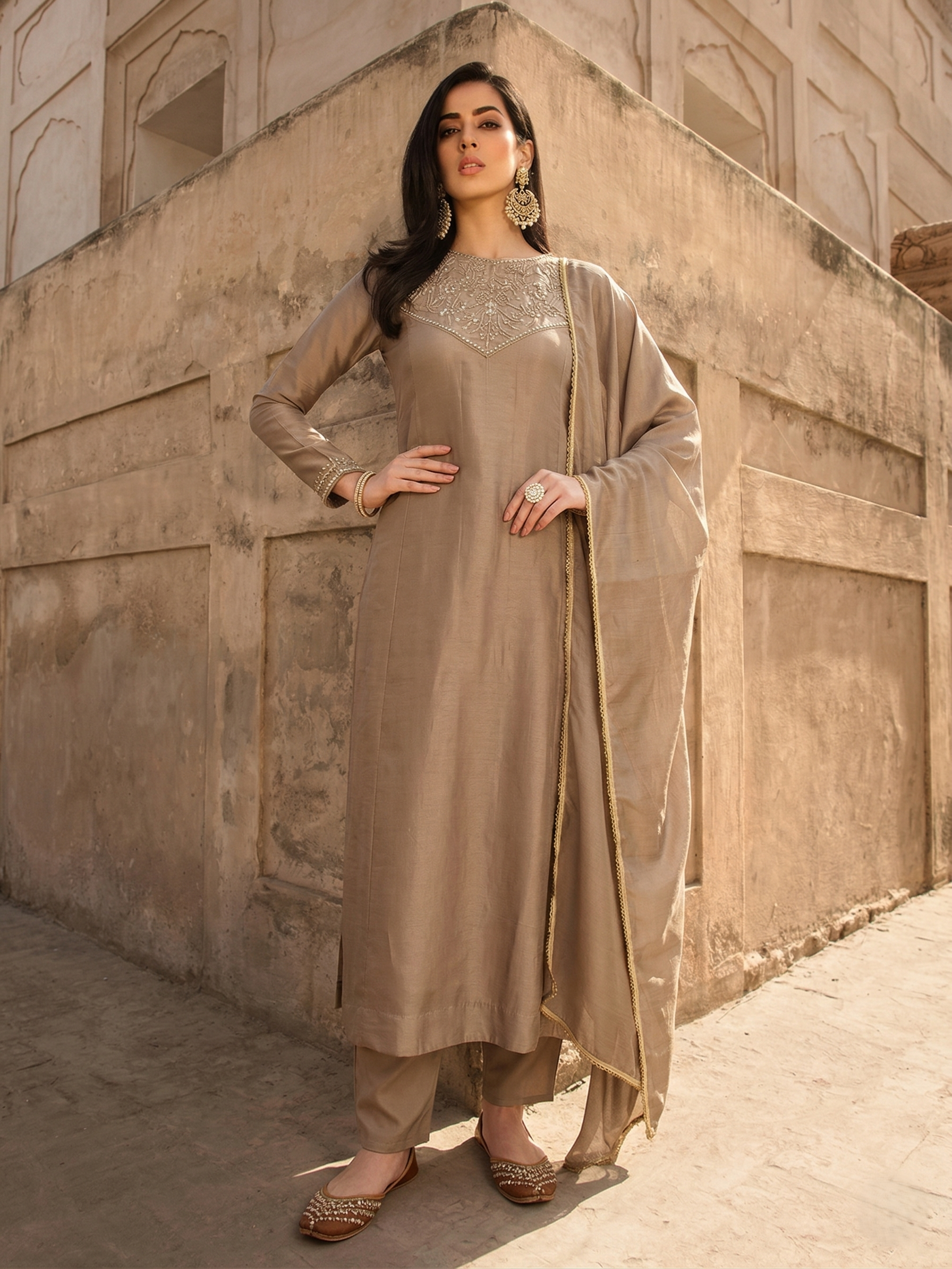 Grey Silk Embroidered Anarkali kurta with dupatta set