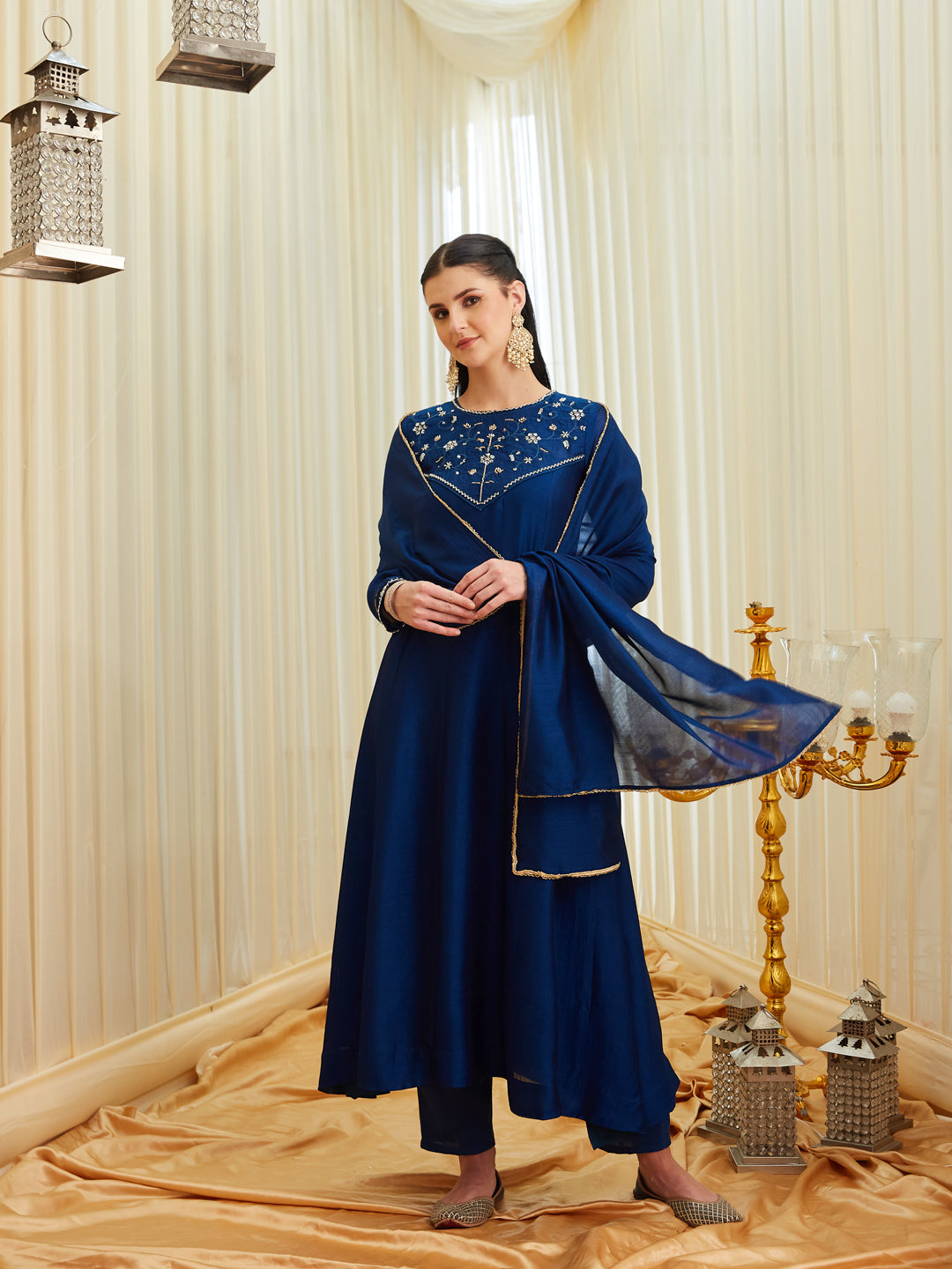 Teal Blue Silk Embroidered Anarkali kurta with dupatta set