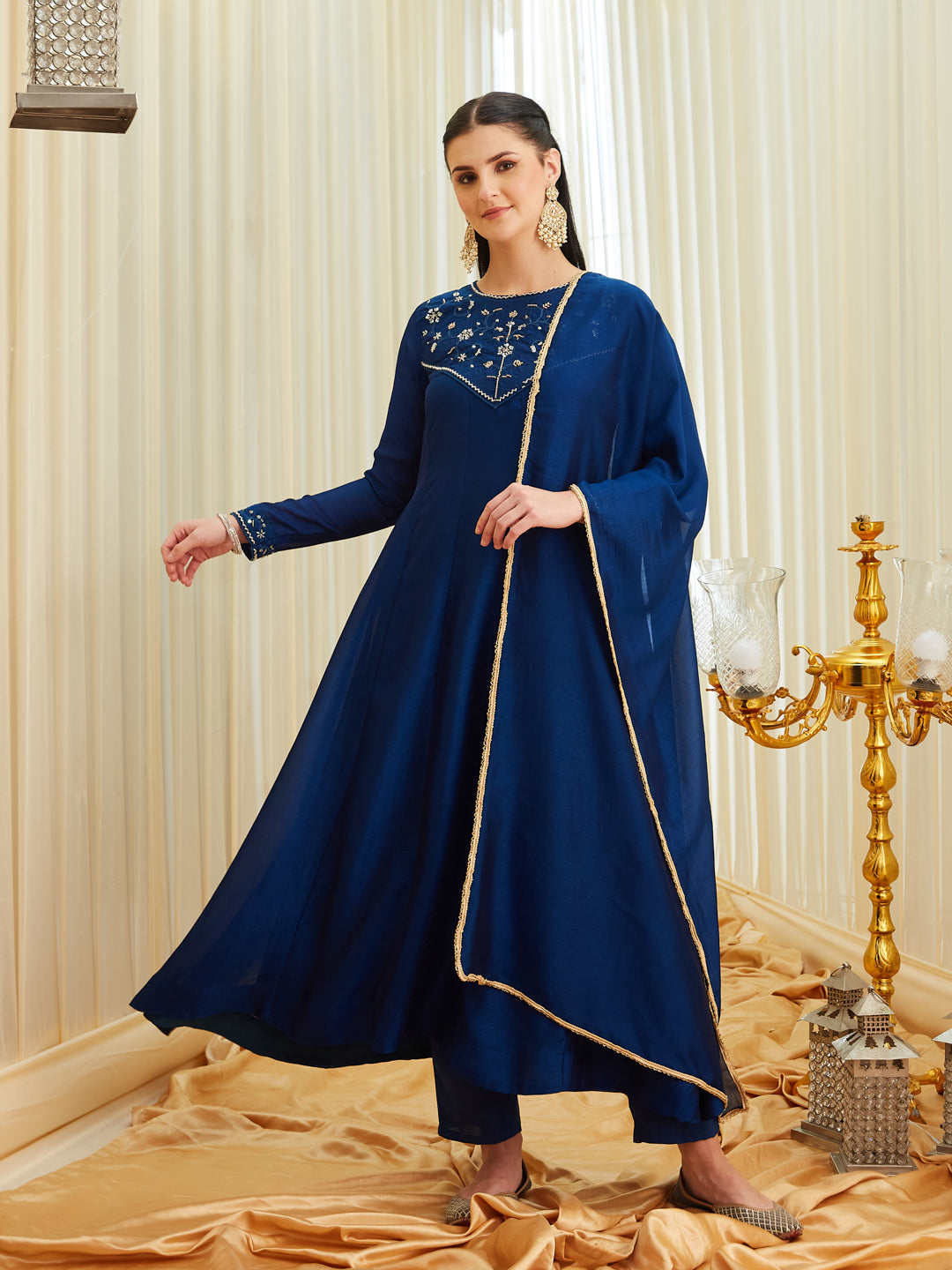 Teal Blue Silk Embroidered Anarkali kurta with dupatta set