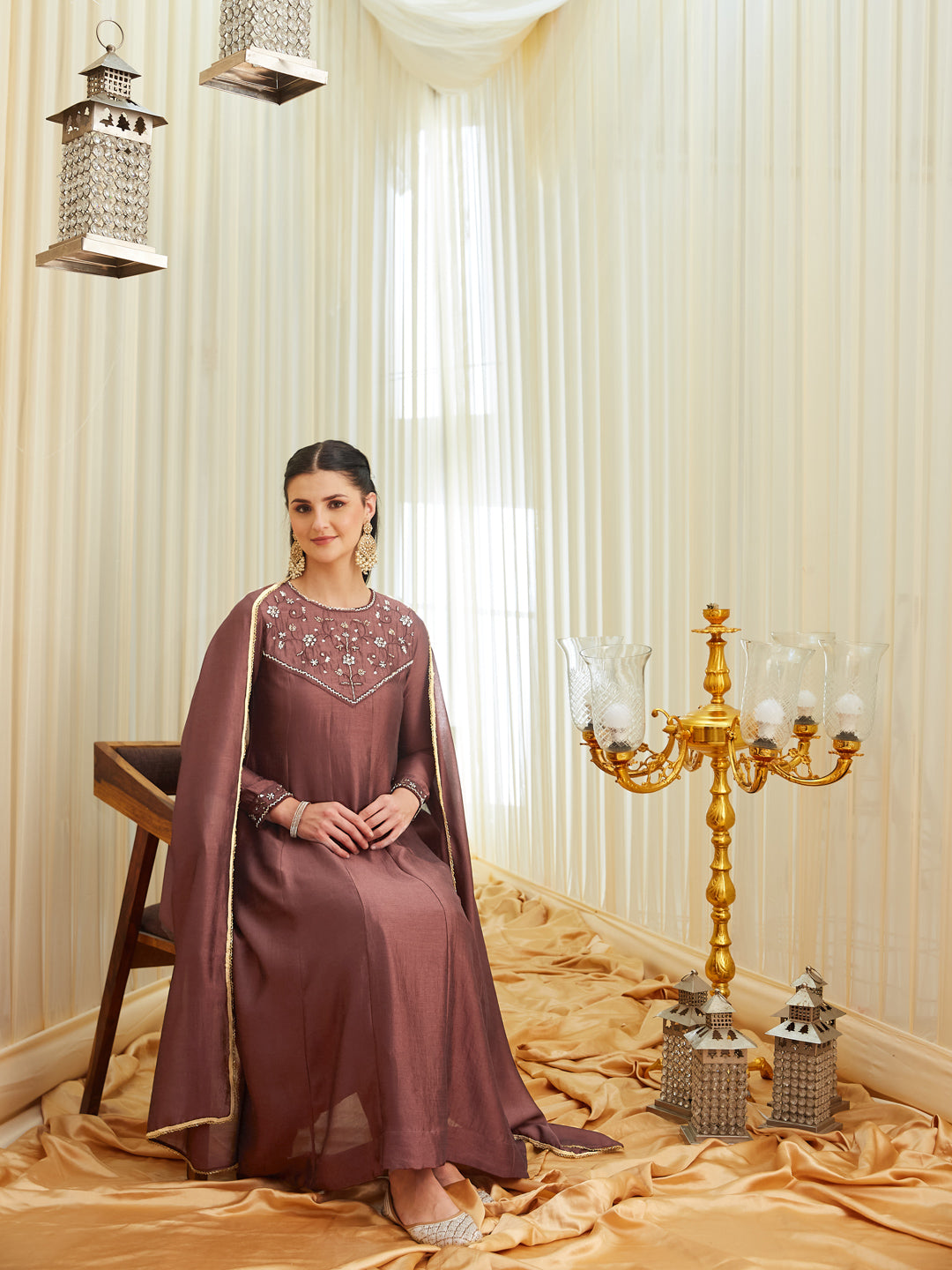 Berry Silk Embroidered Anarkali kurta with dupatta set