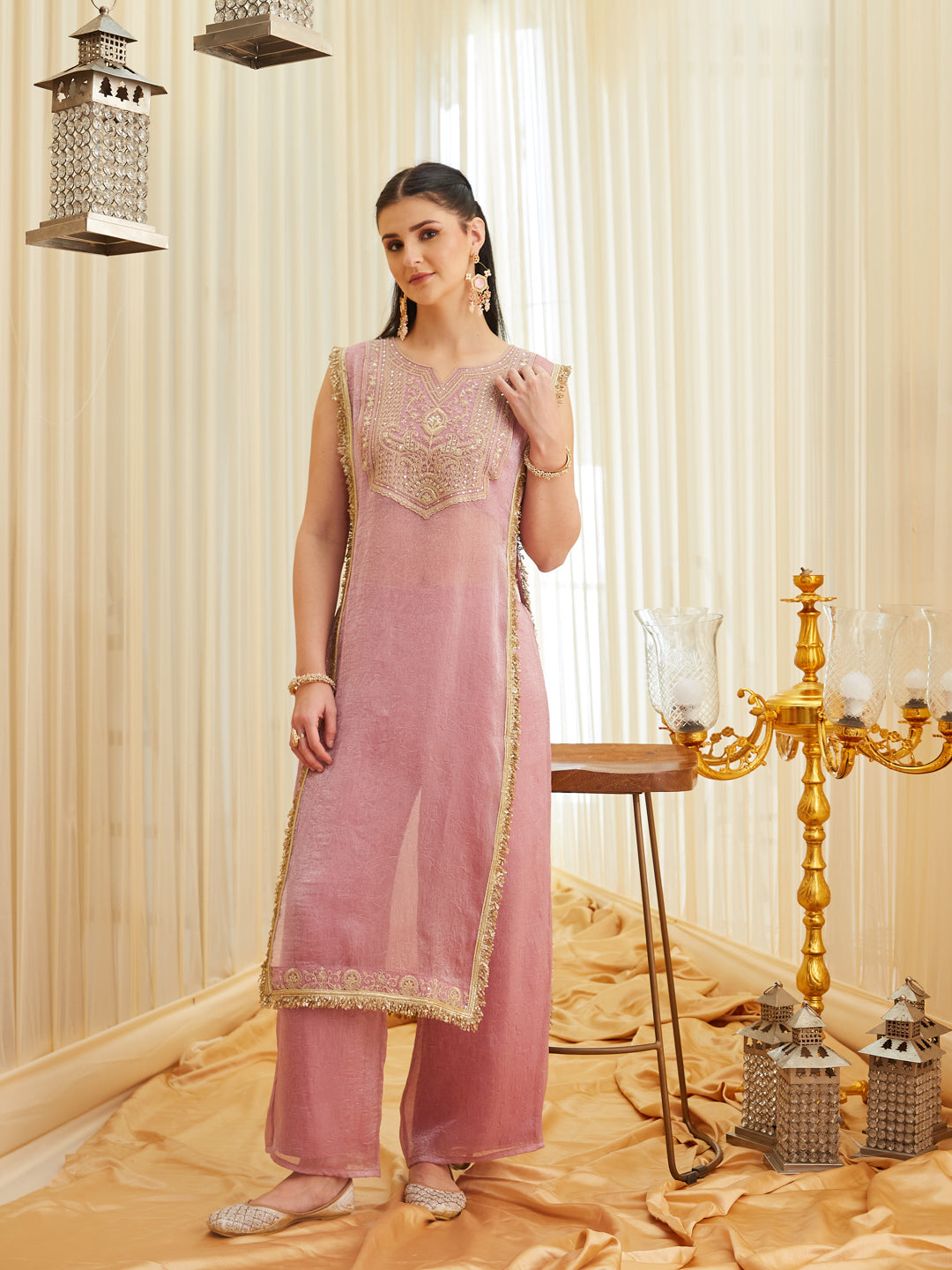 Pink Embroidered Sheer Silk Kurta Set | frontside full view