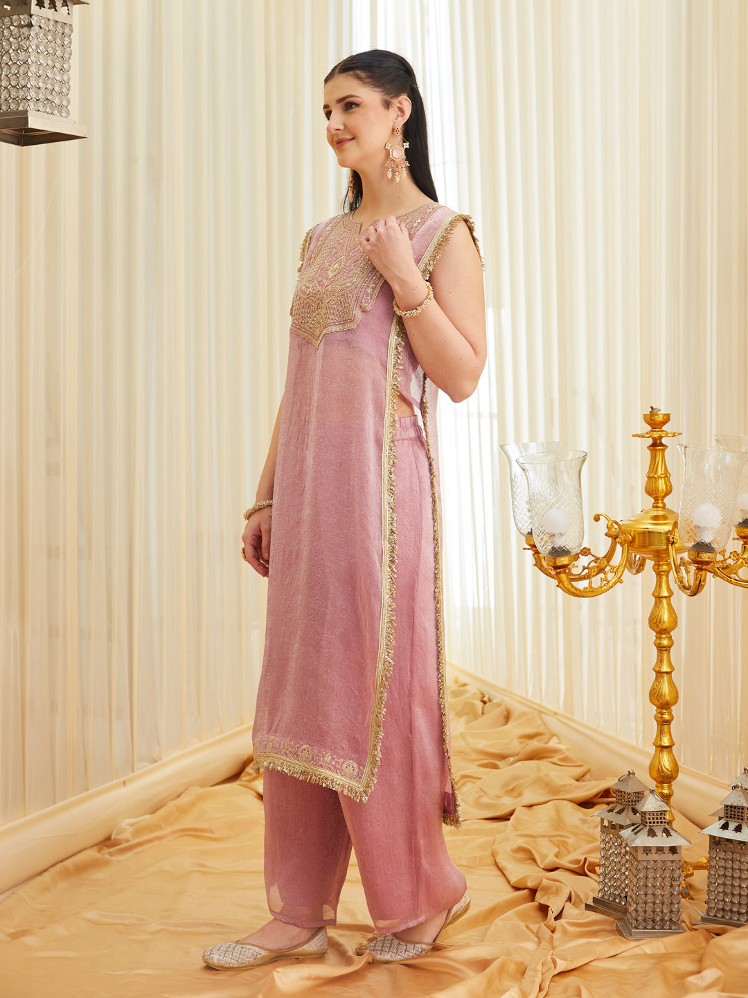 Pink Embroidered Sheer Silk Kurta Set | rightside view