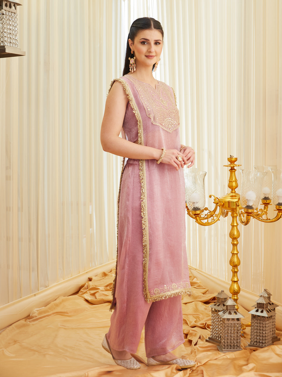 Pink Embroidered Sheer Silk Kurta Set | leftside full view