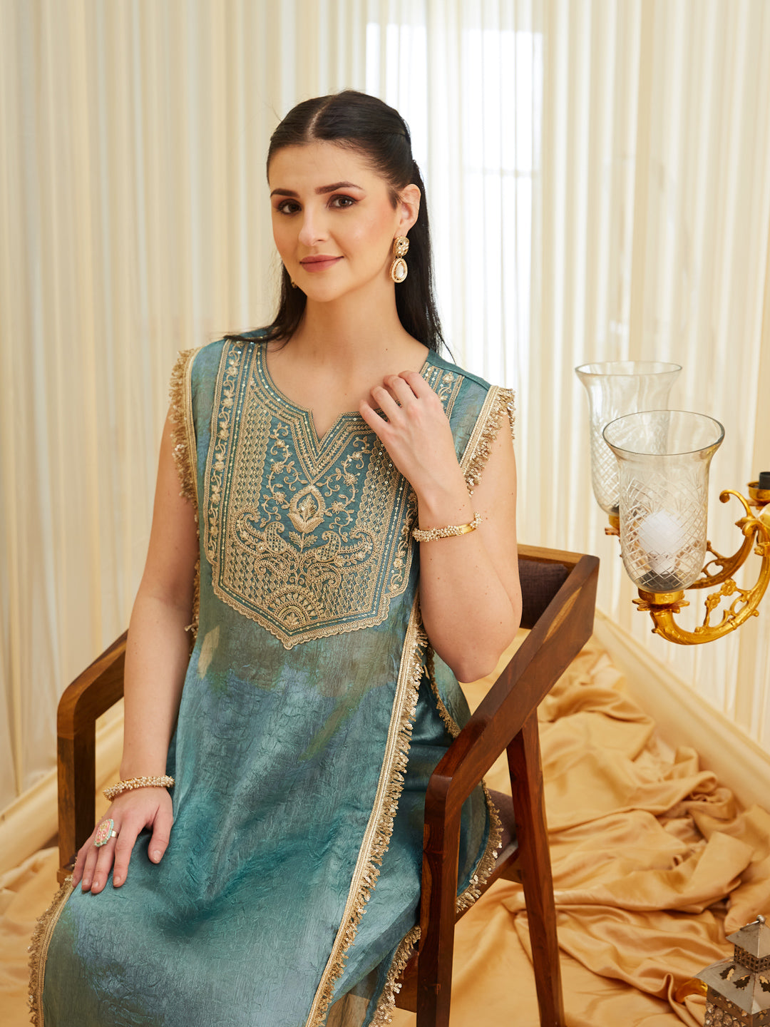 C-Green Embroidered Sheer Silk Kurta Set | frontside half view