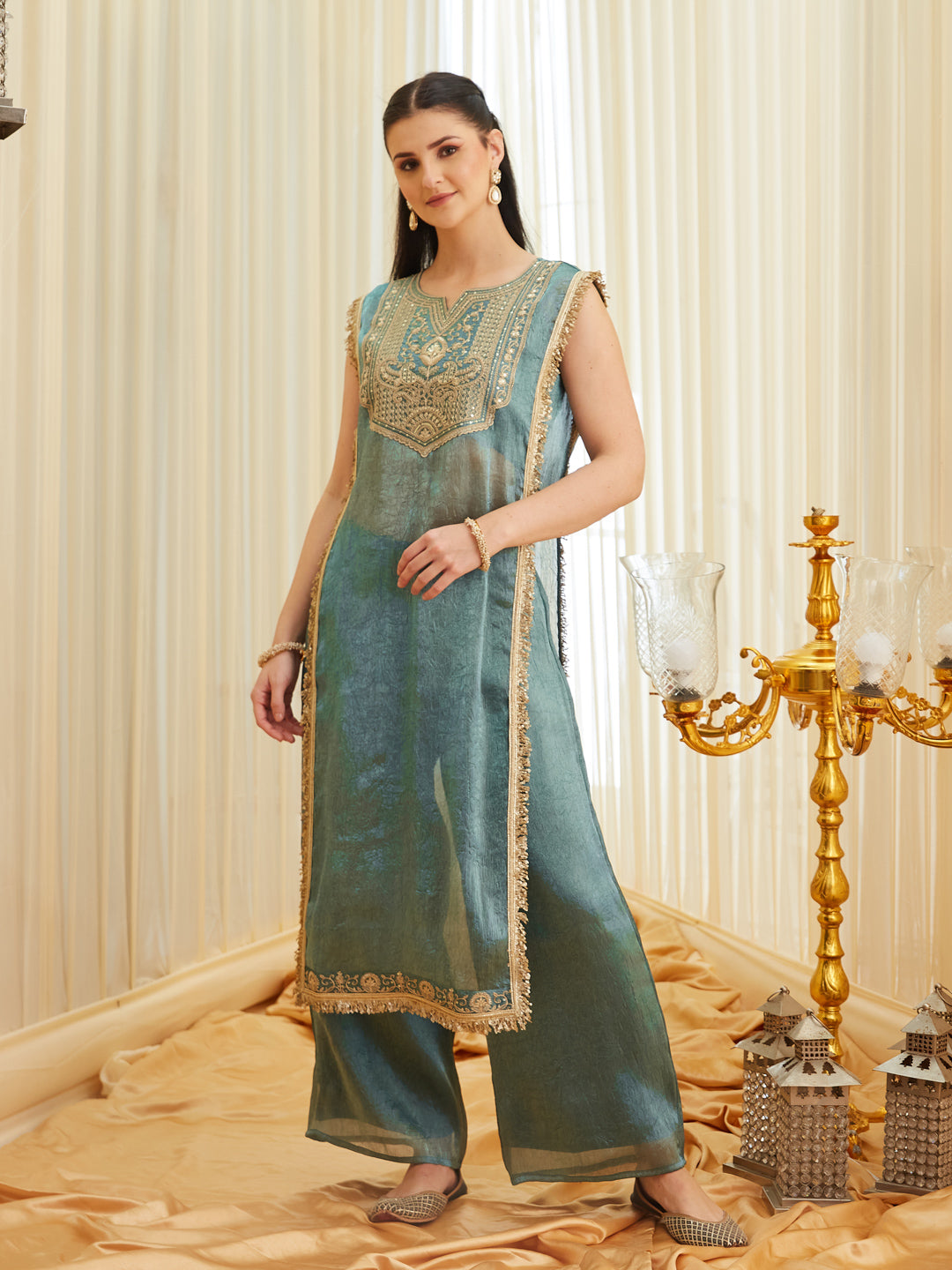 C-Green Embroidered Sheer Silk Kurta Set | frontside full image