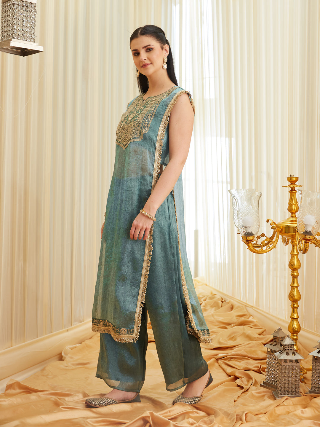 C-Green Embroidered Sheer Silk Kurta Set | rightside full view