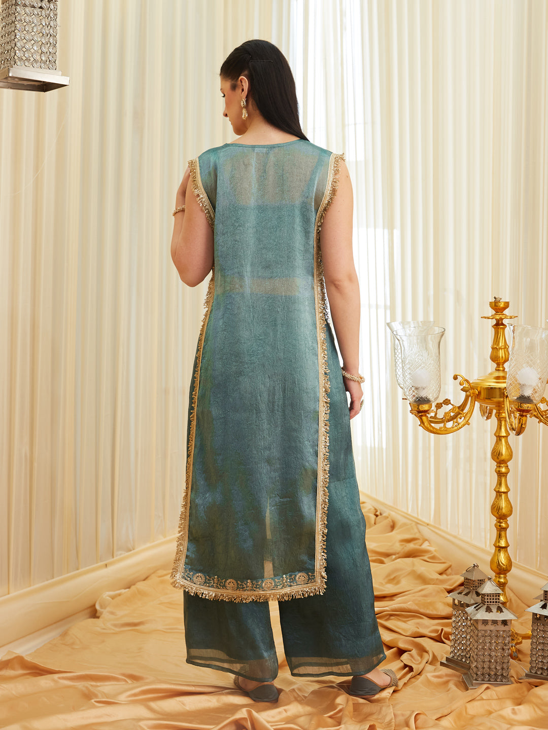 C-Green Embroidered Sheer Silk Kurta Set | backside full view
