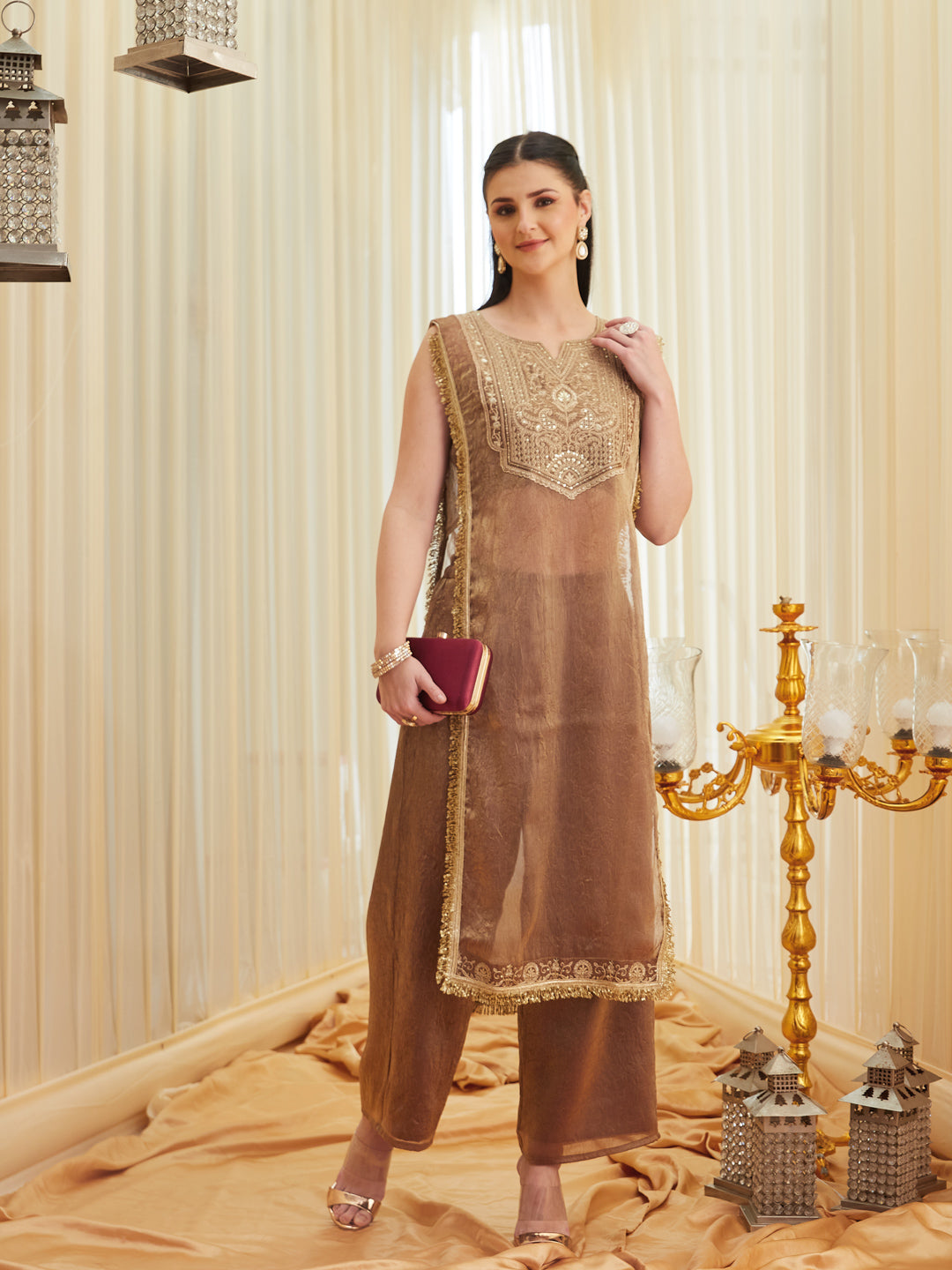Golden Embroidered Sheer Silk Kurta Set | frontside full view