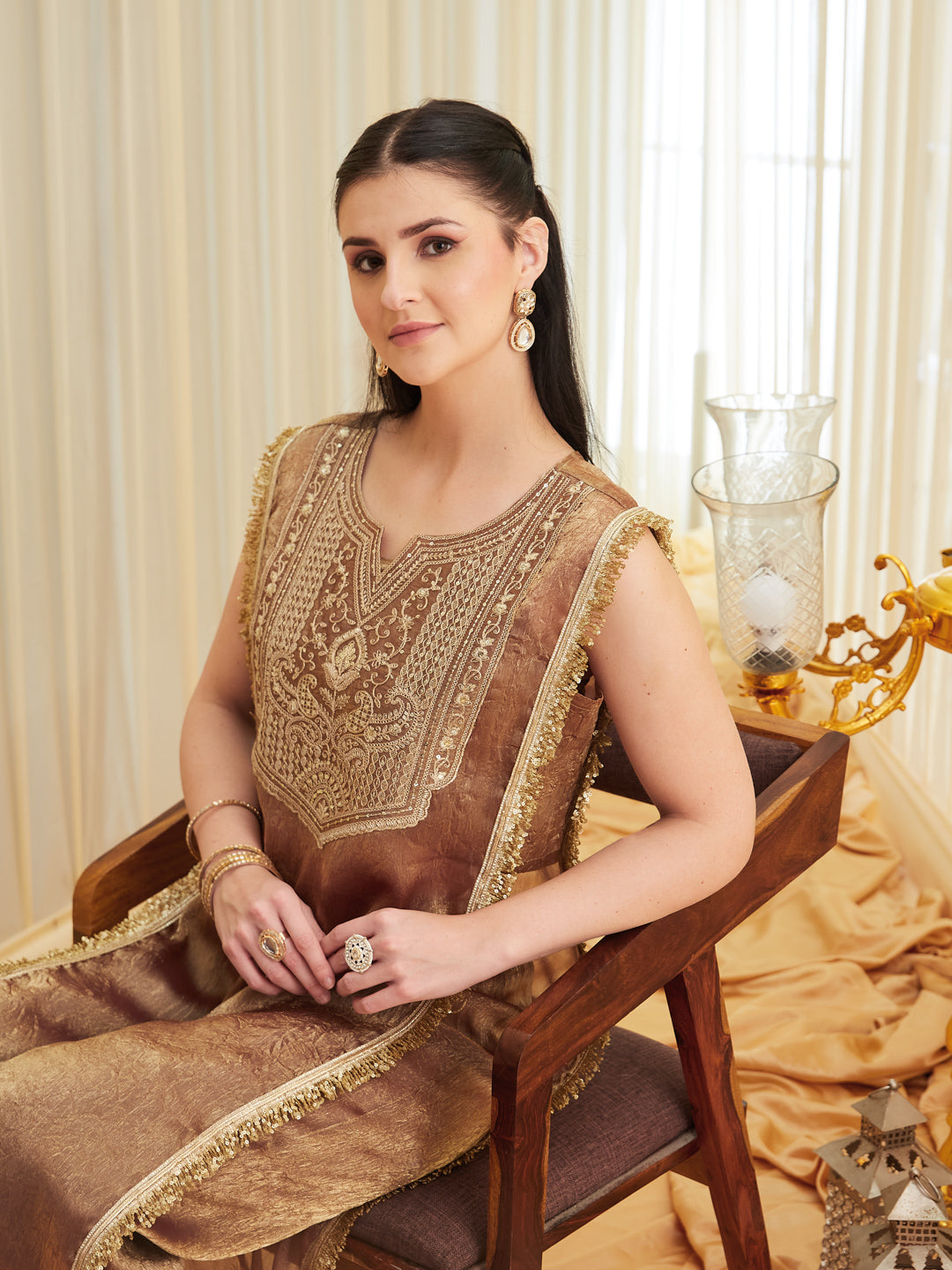 Golden Embroidered Sheer Silk Kurta Set | frontside half view
