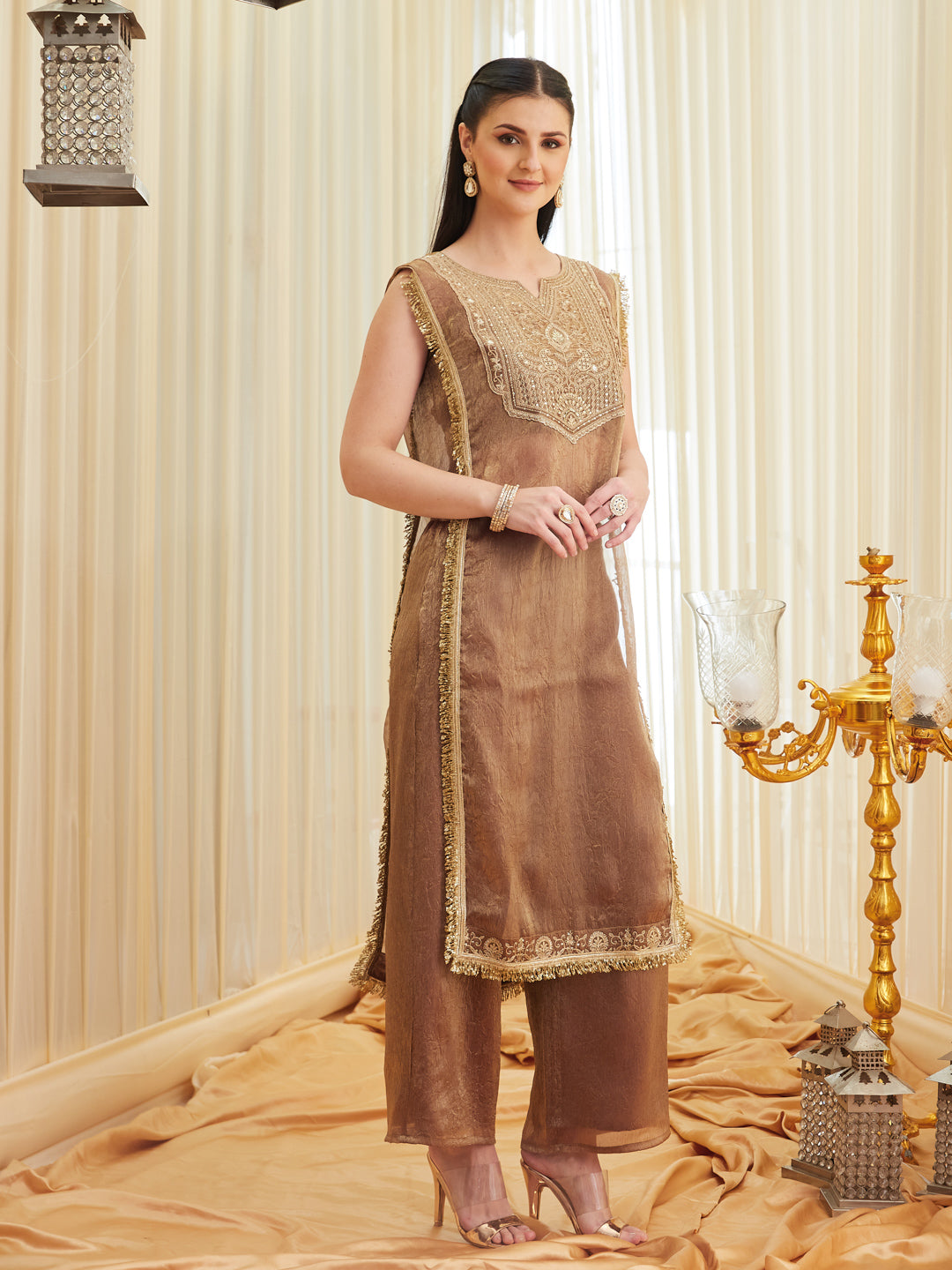 Golden Embroidered Sheer Silk Kurta Set | design view
