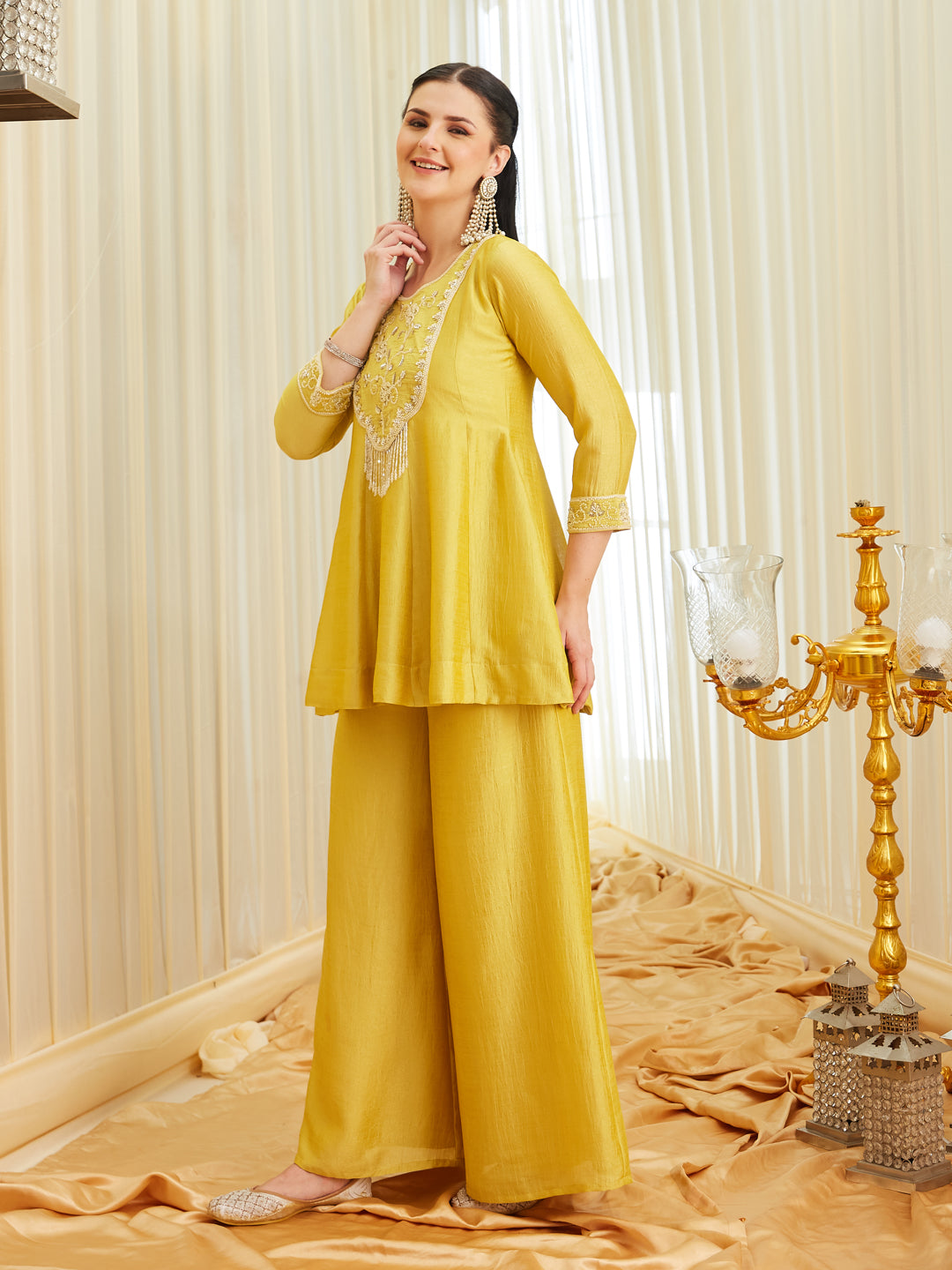 Yellow Silk Embroidered Top Sharara Set with Dupatta