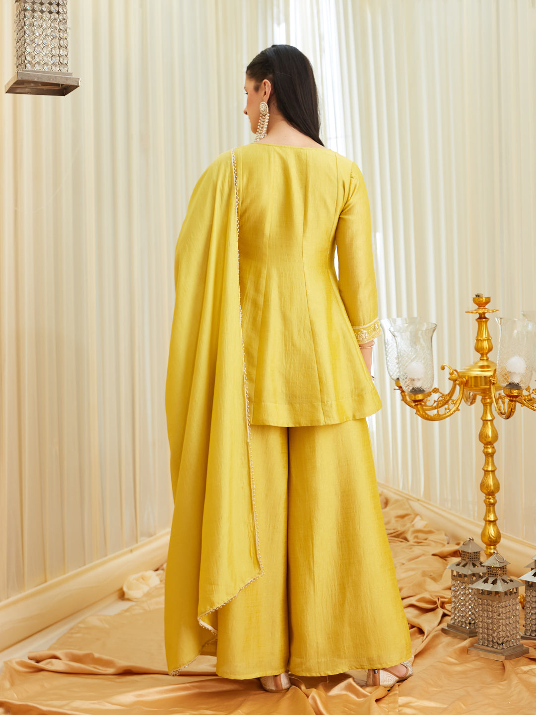 Yellow Silk Embroidered Top Sharara Set with Dupatta