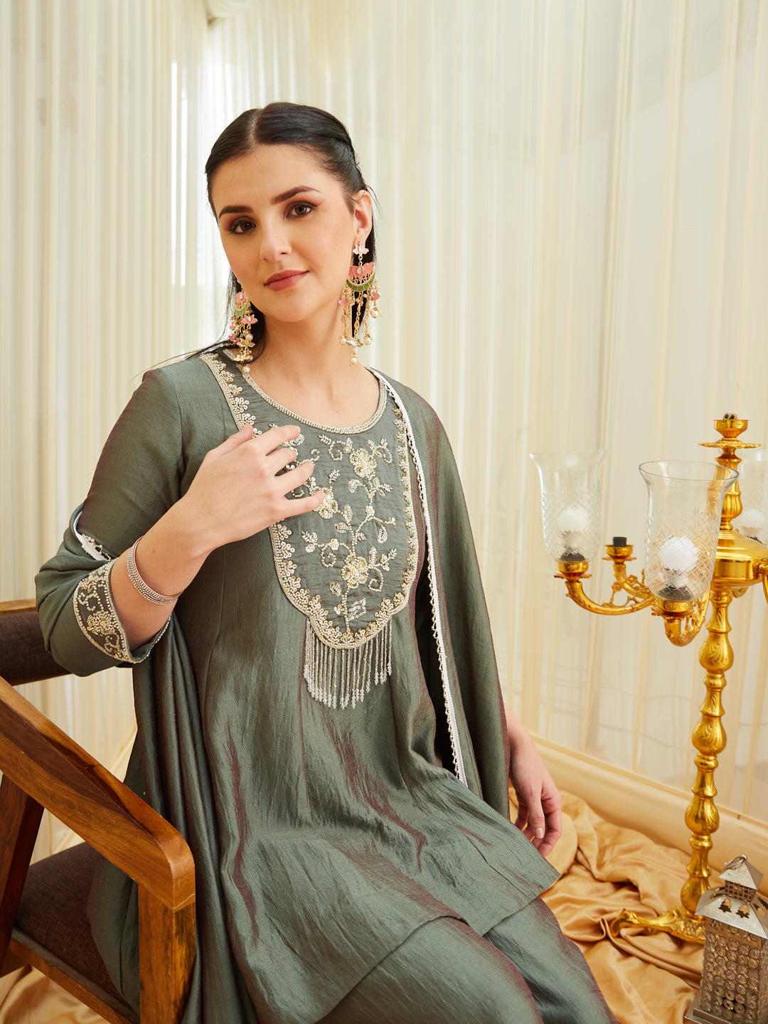Green Silk Sharara Set with Embroidered Top & Dupatta