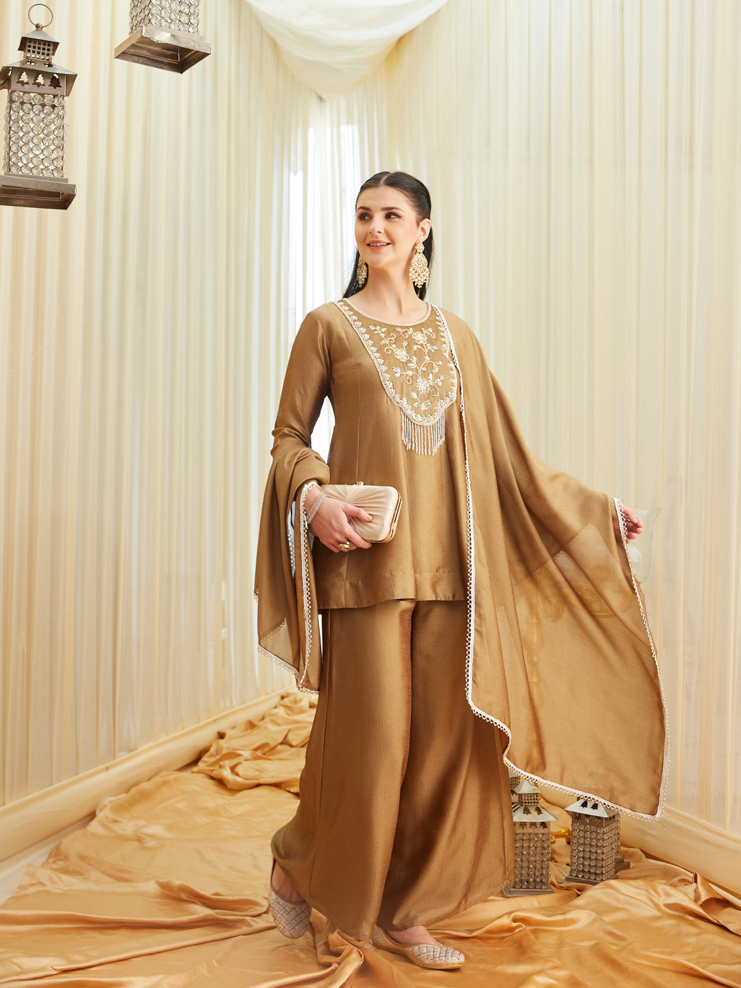 Gold Silk Embroidered Top Sharara Set with Dupatta