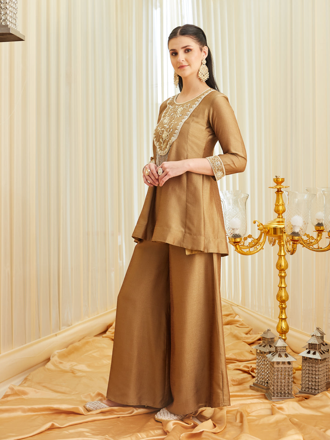 Gold Silk Embroidered Top Sharara Set with Dupatta