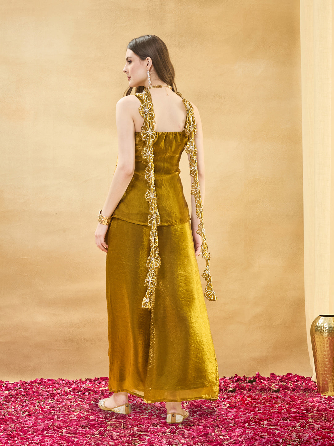 Golden Silk Embroidered Crop Top & Flowy Pants Ensemble for women