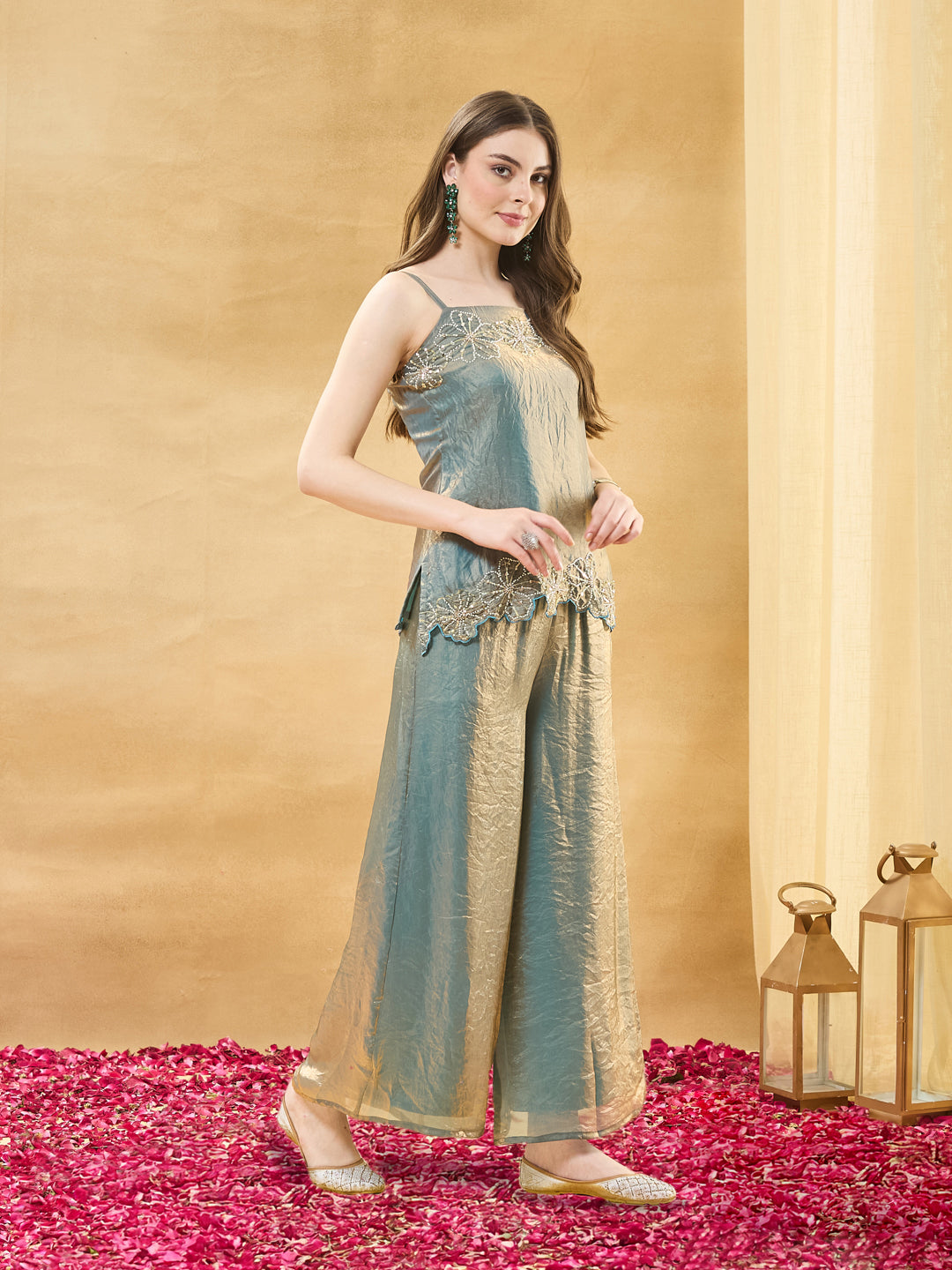Blue Embroidered Silk Top & Palazzo Set With Dupatta for women