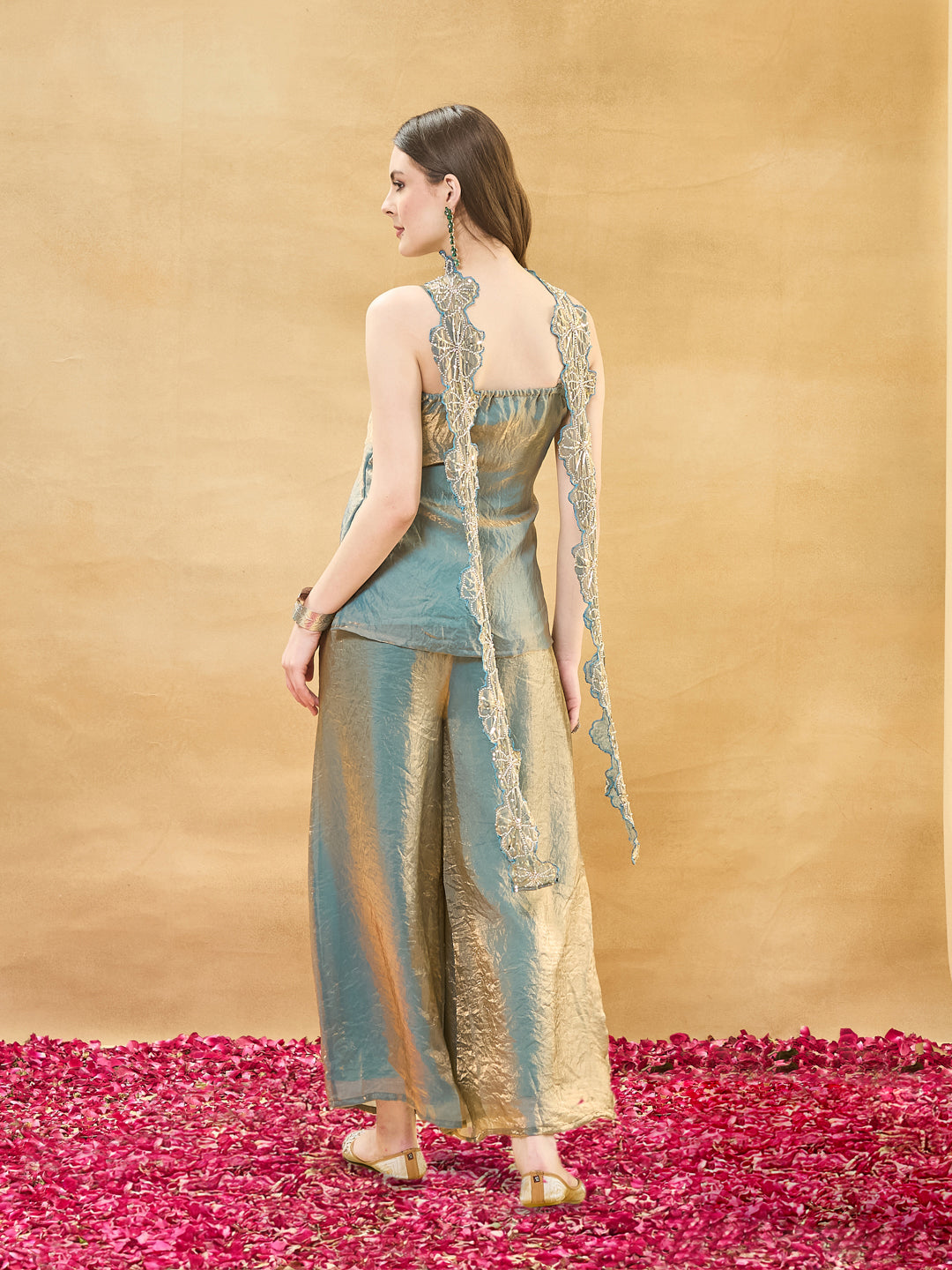 Blue Embroidered Silk Top & Palazzo Set With Dupatta for women