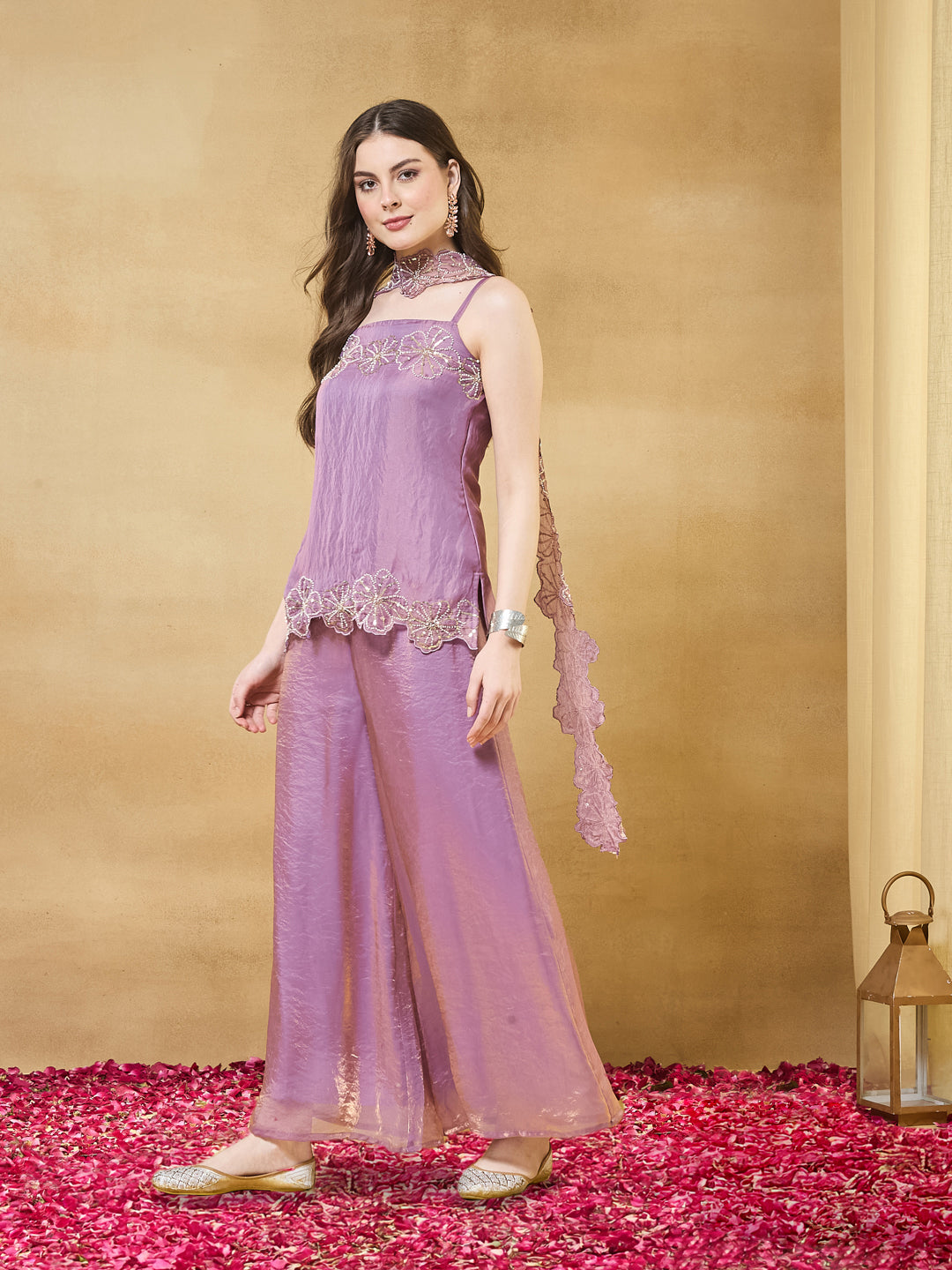 Lavender Silk Embroidered Top and Palazzo Set