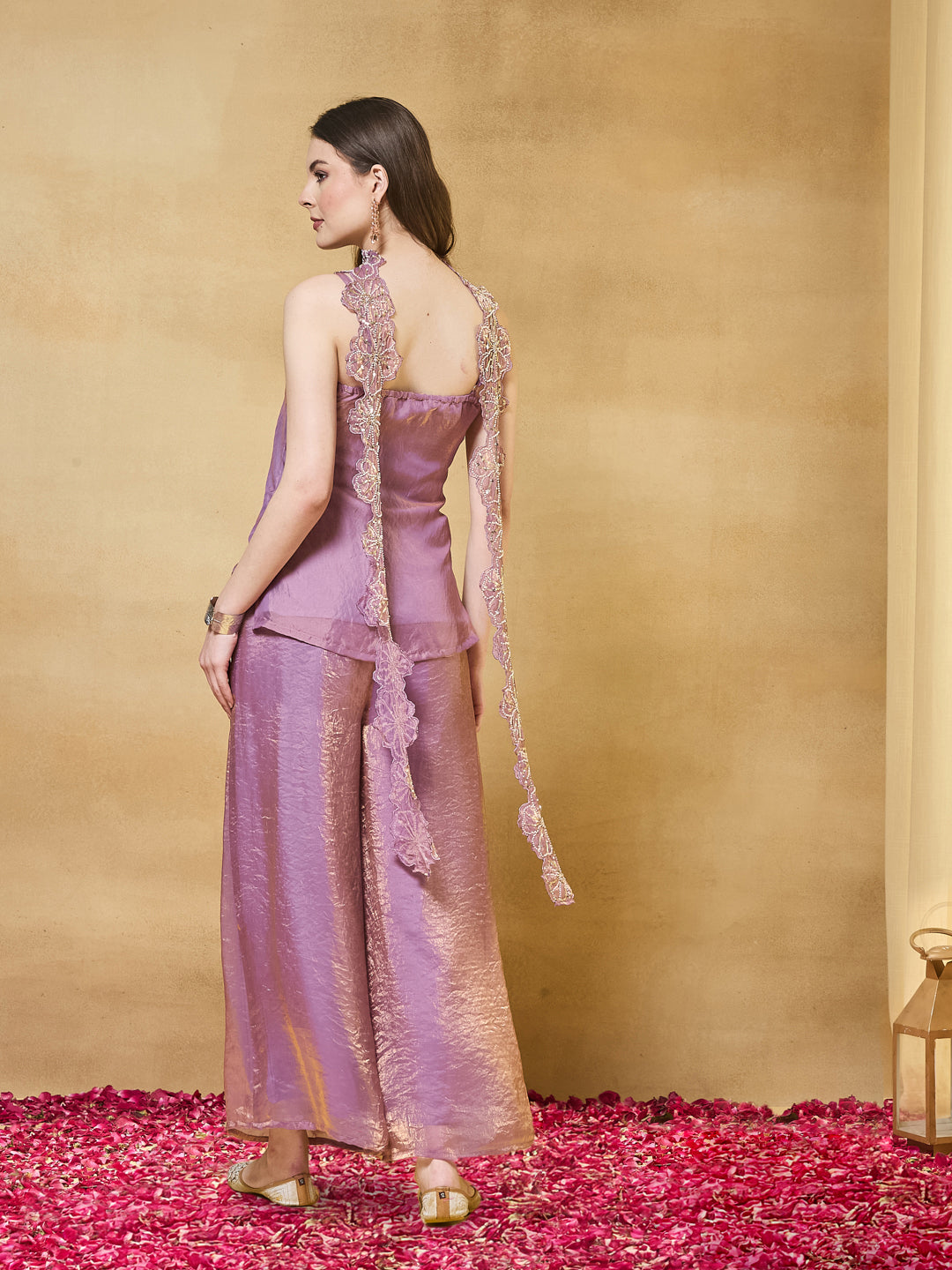 Lavender Silk Embroidered Top and Palazzo Set