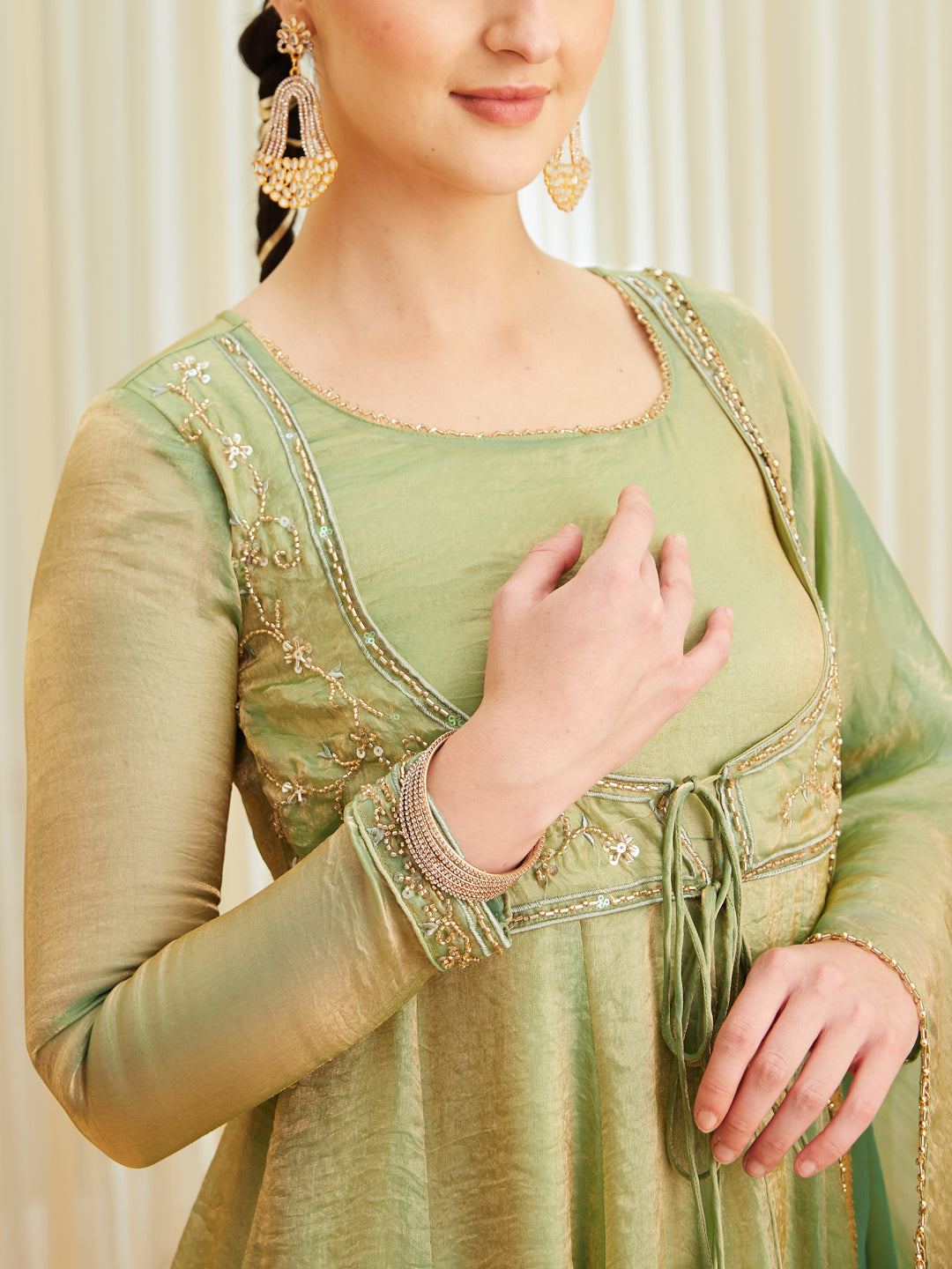 Pista Silk Embroidered Anarkali Kurta Set with Dupatta for Women